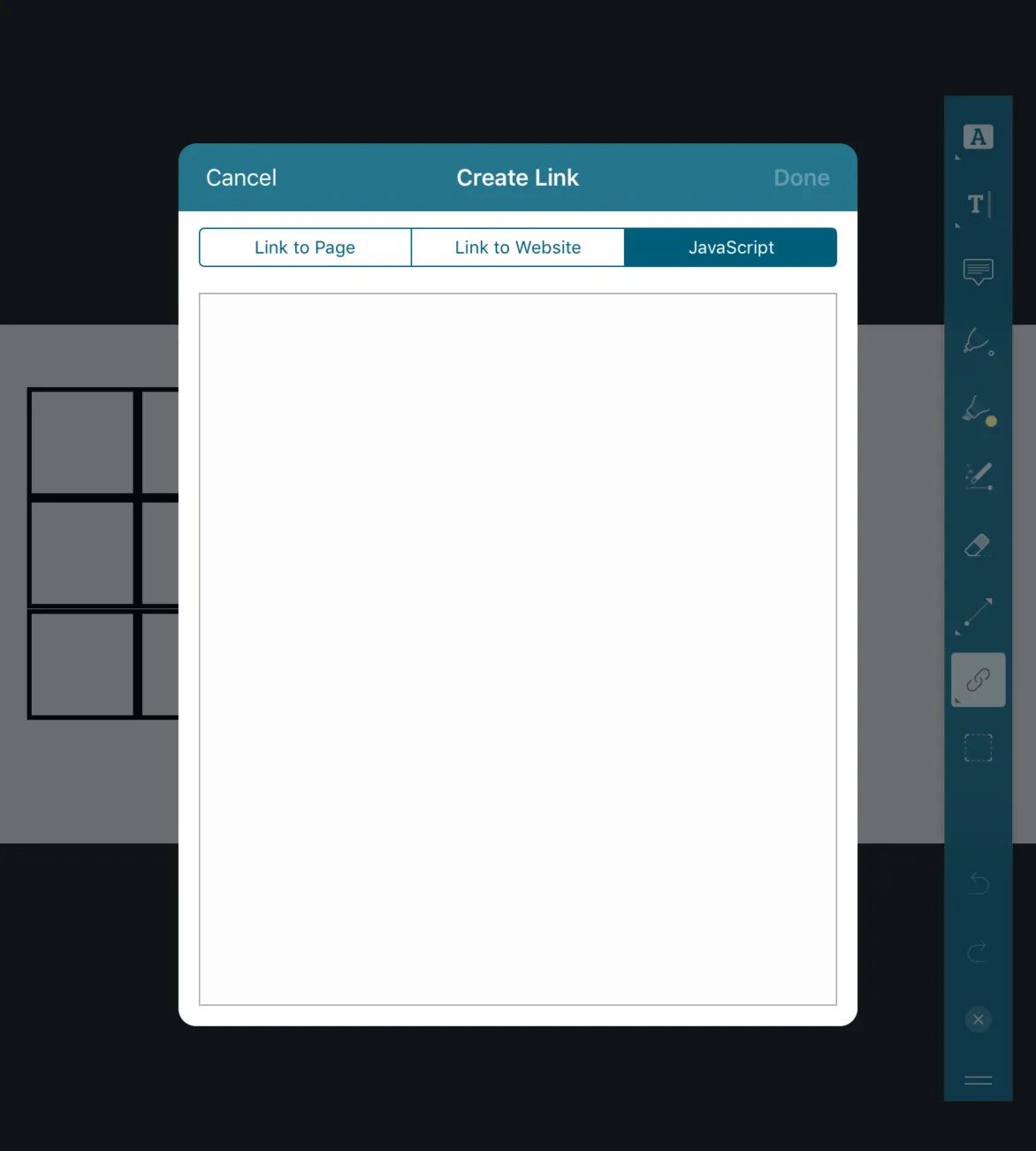 Screenshot showing the JavaScript link creation tab