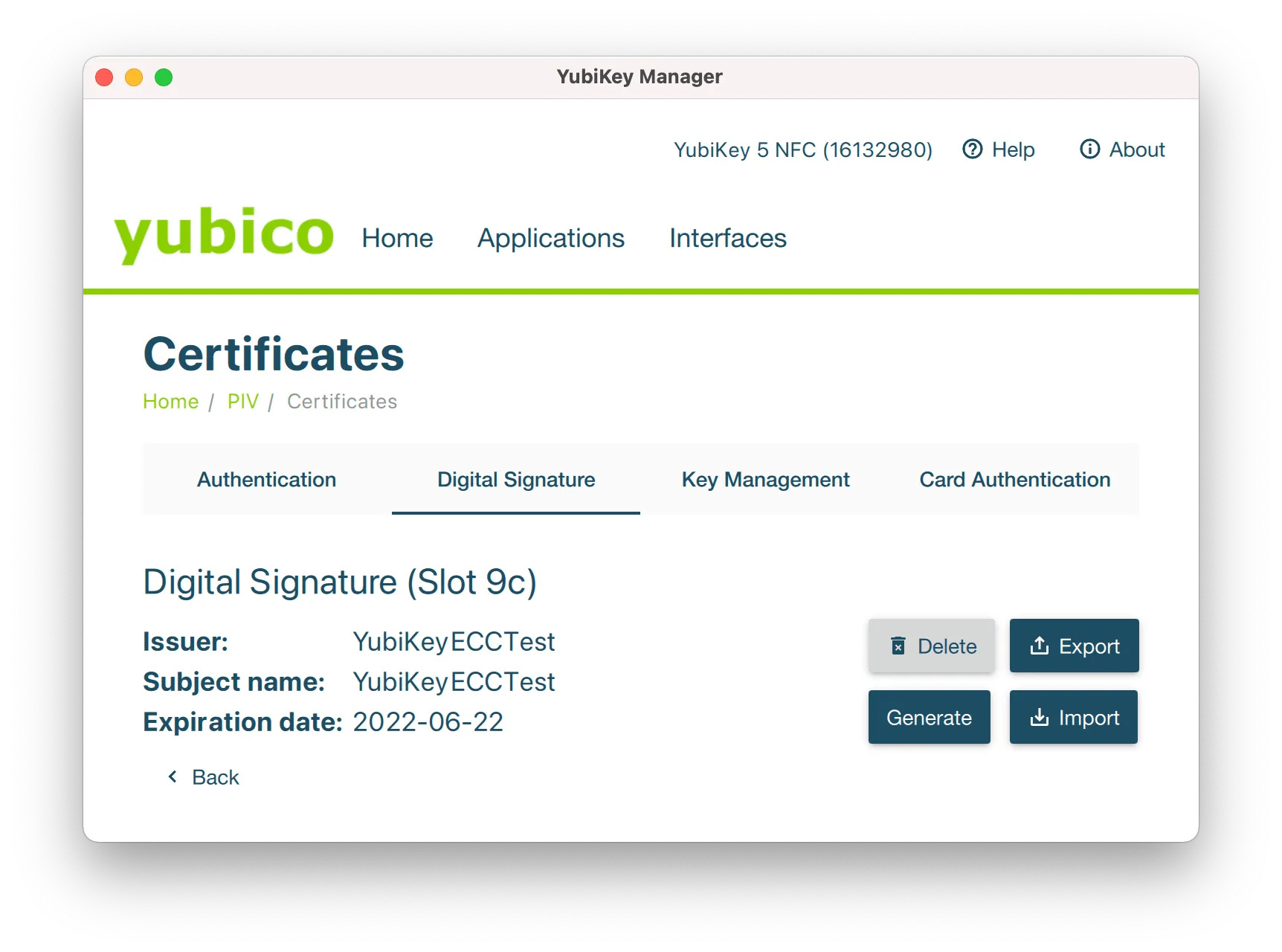 YubiKey Manager Certificate Loading Screenshot