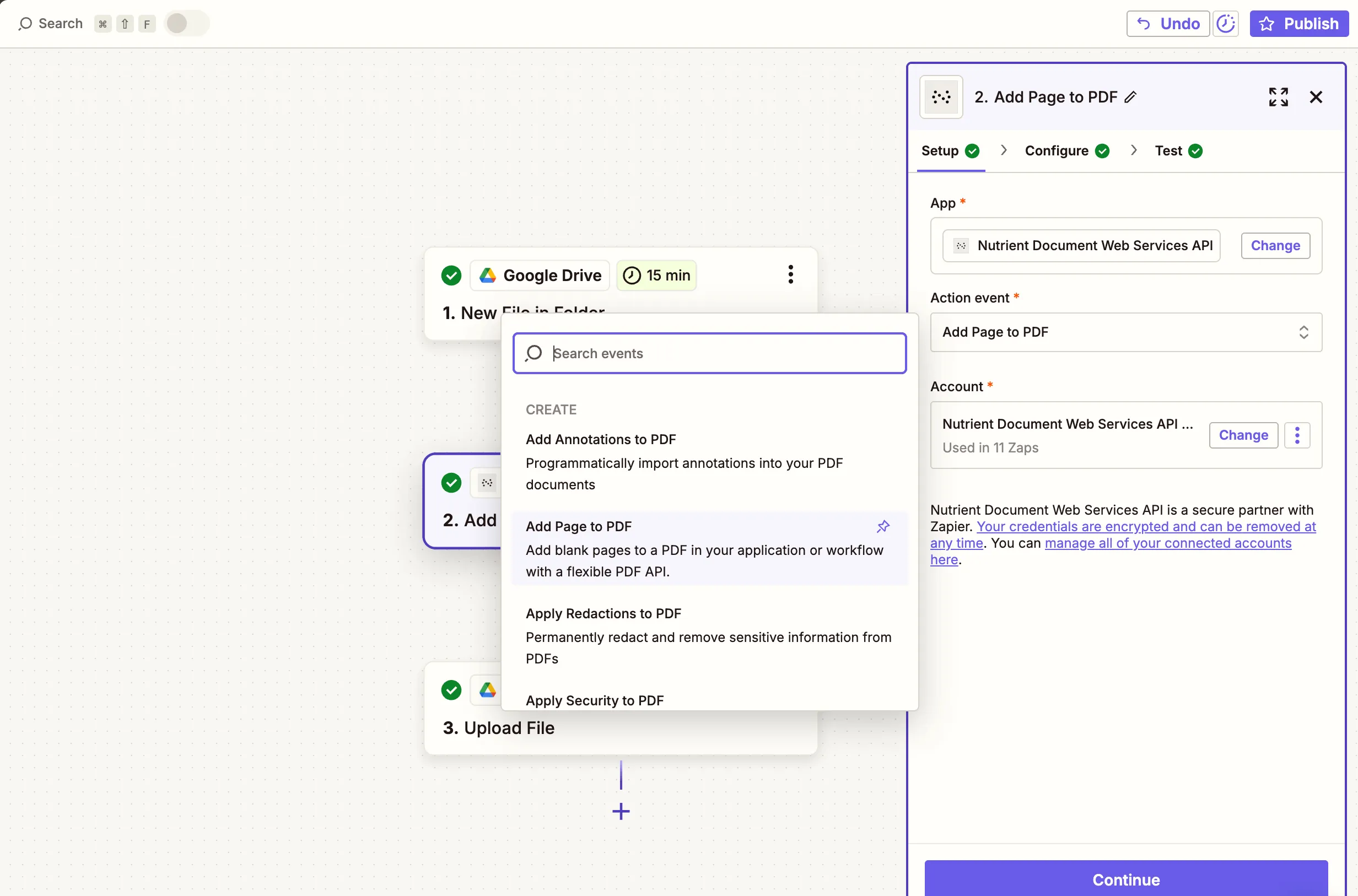 Choose the Add Page to PDF action