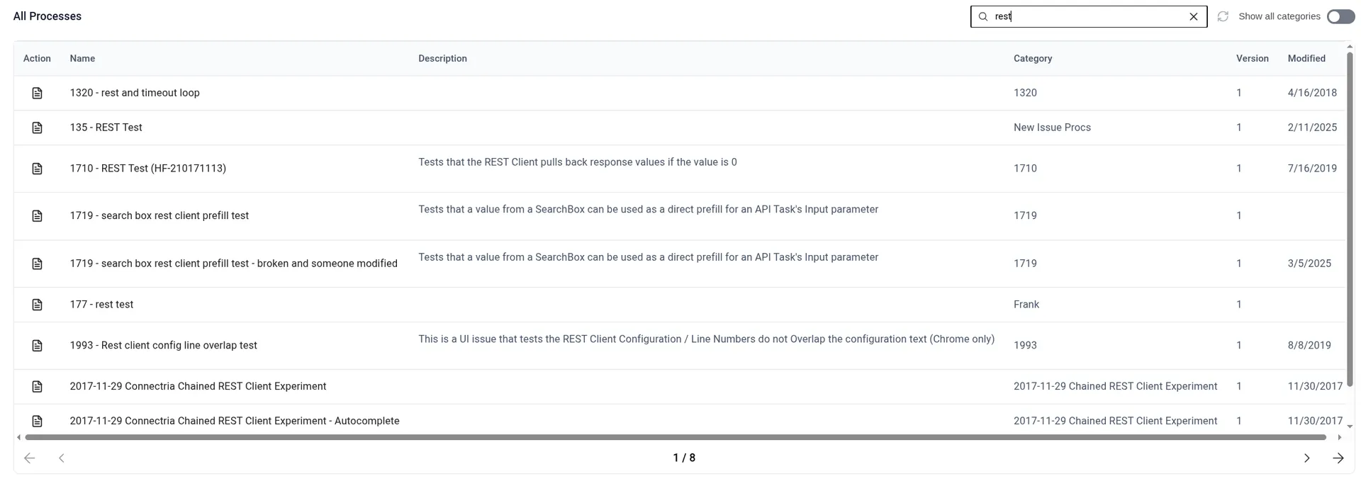 Filter processes interface with search field and results