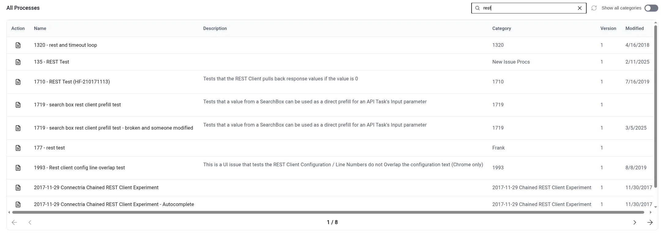 Filter processes interface with search field and results