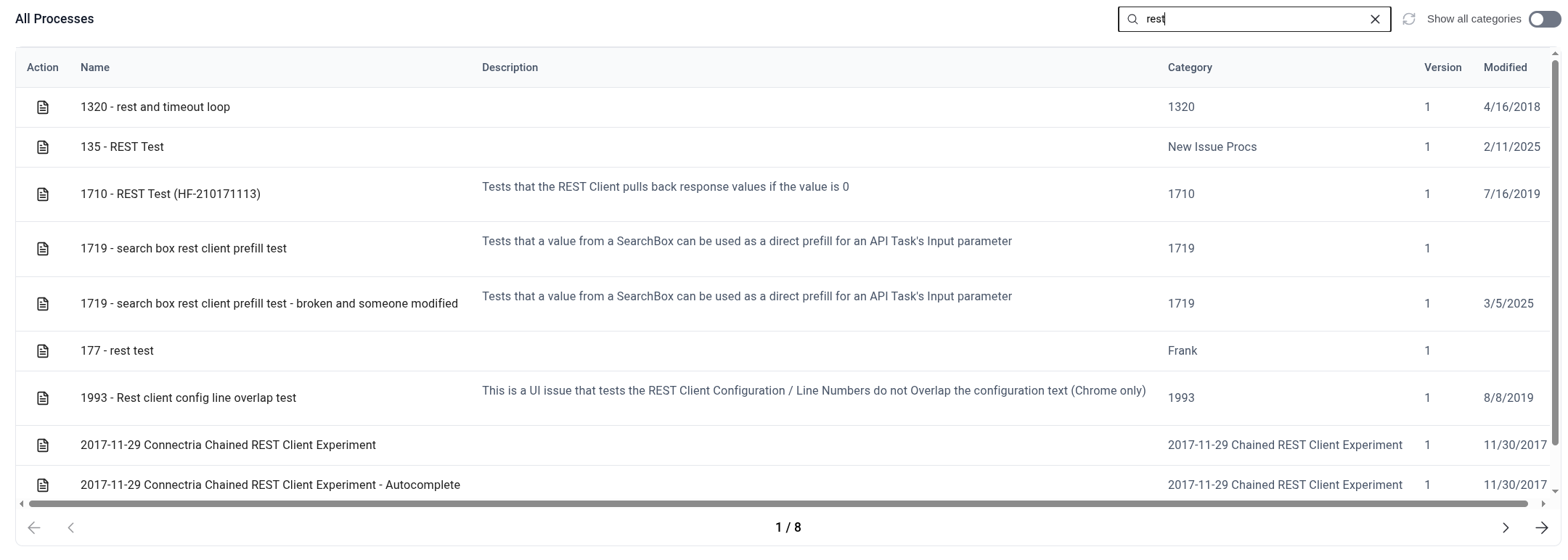 Filter processes interface with search field and results