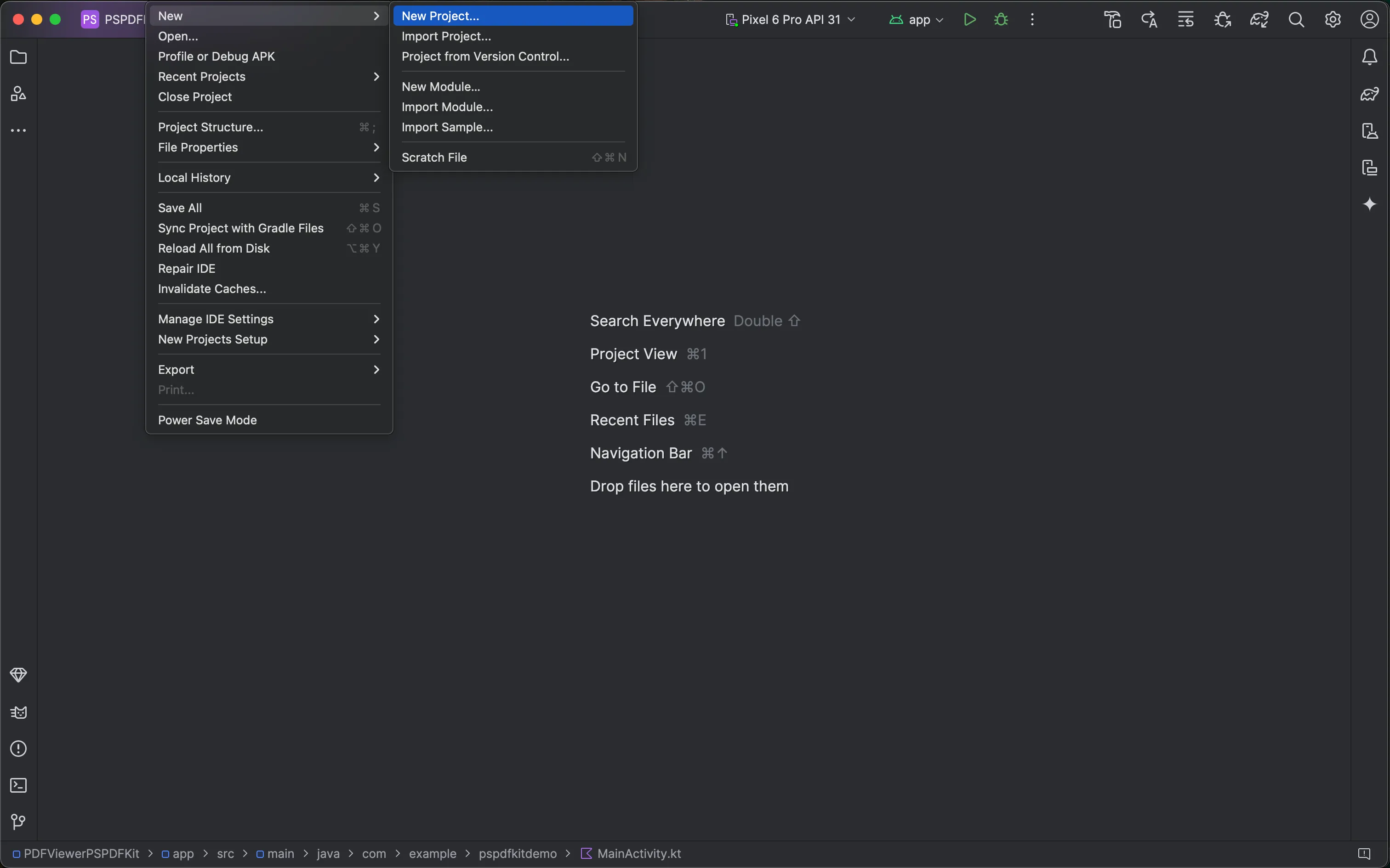 Screenshot of Android Studio’s 'New Project' setup wizard for creating an Android PDF viewer using Nutrient