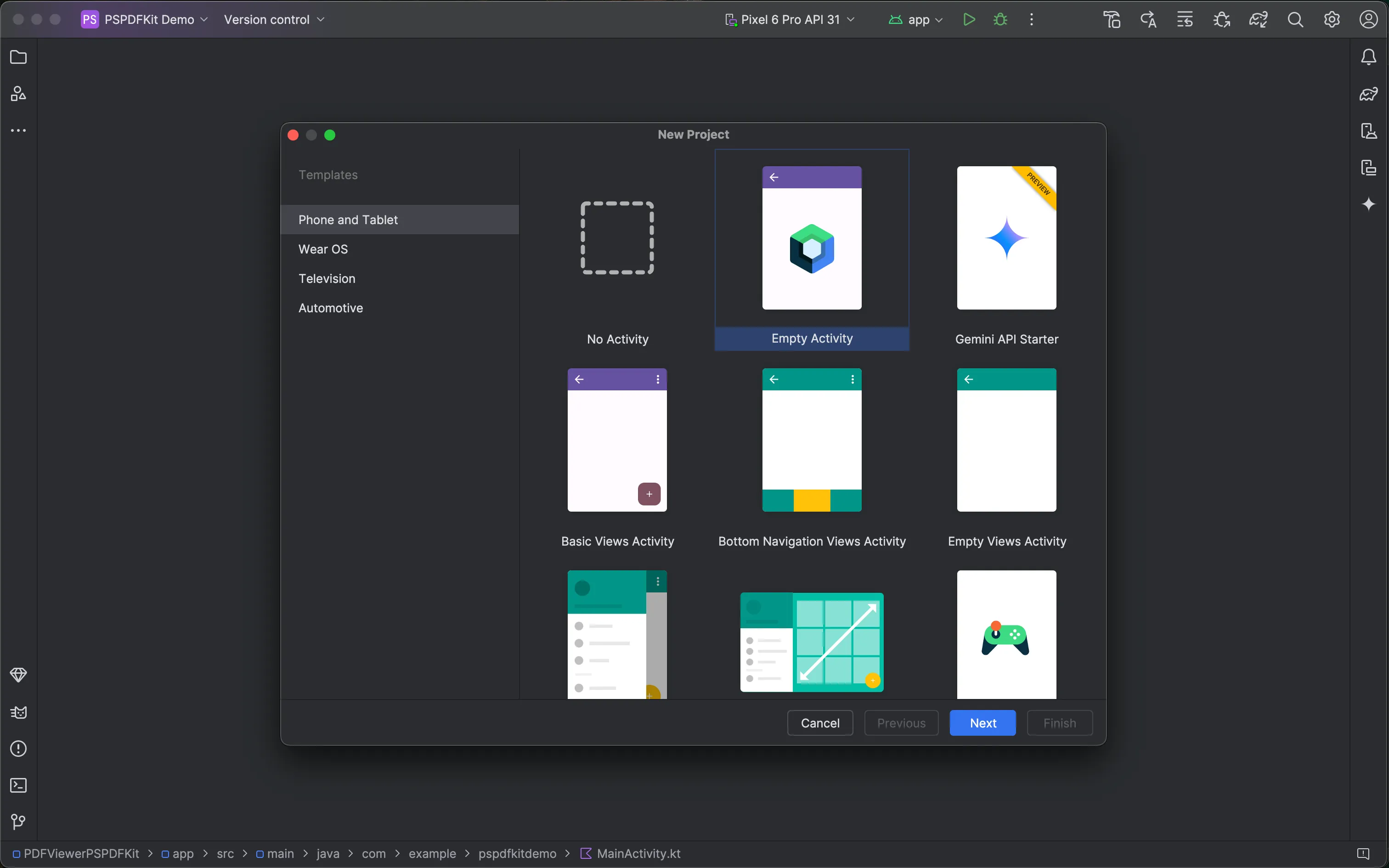 Image showing a menu in Android Studio that lets user choose an activity