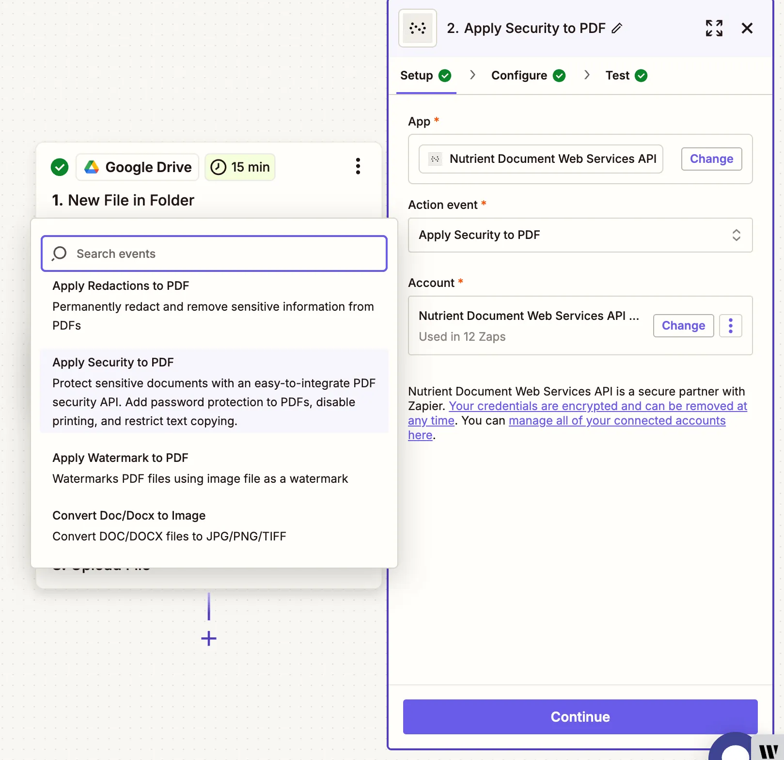Choose 'Apply Security to PDF' as the action event in Zapier