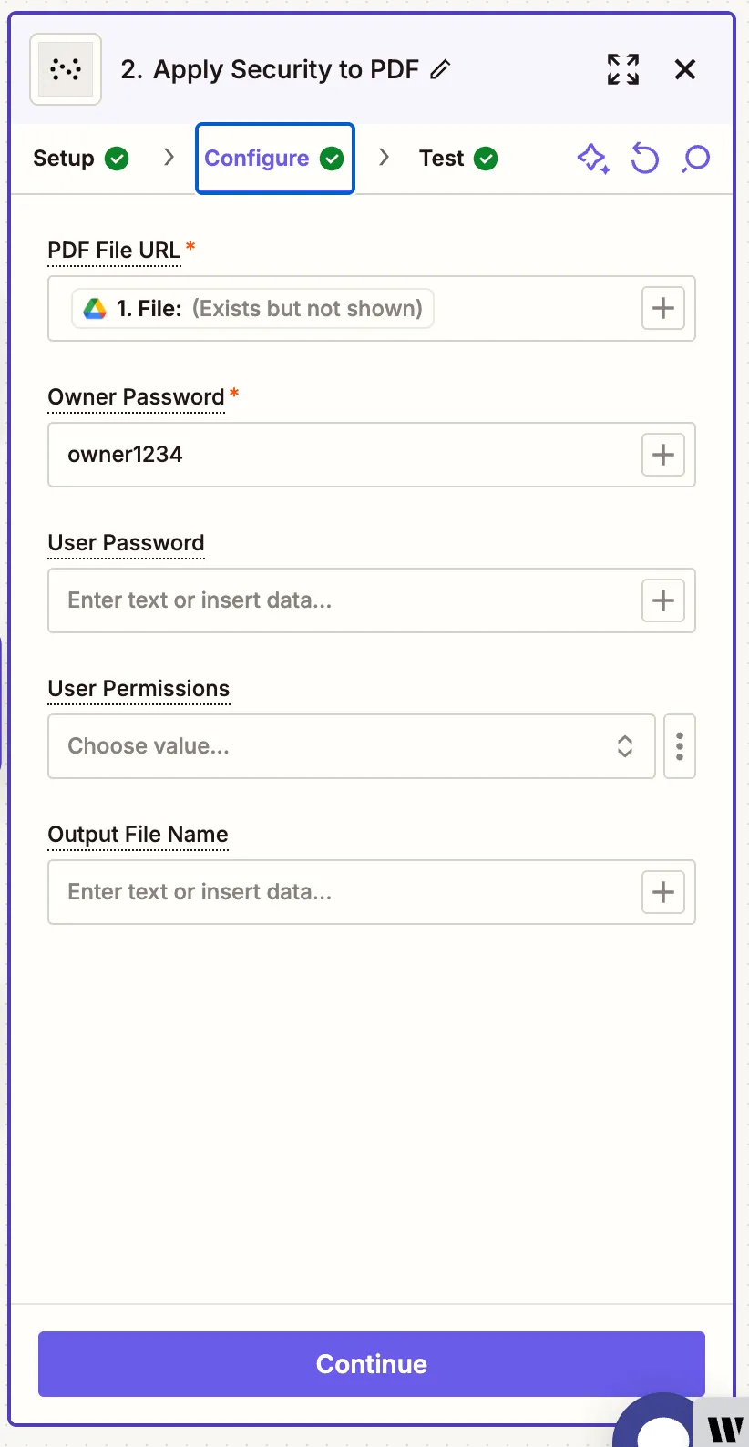 Map the PDF file URL, owner/user passwords, permissions, and output file name for the security action