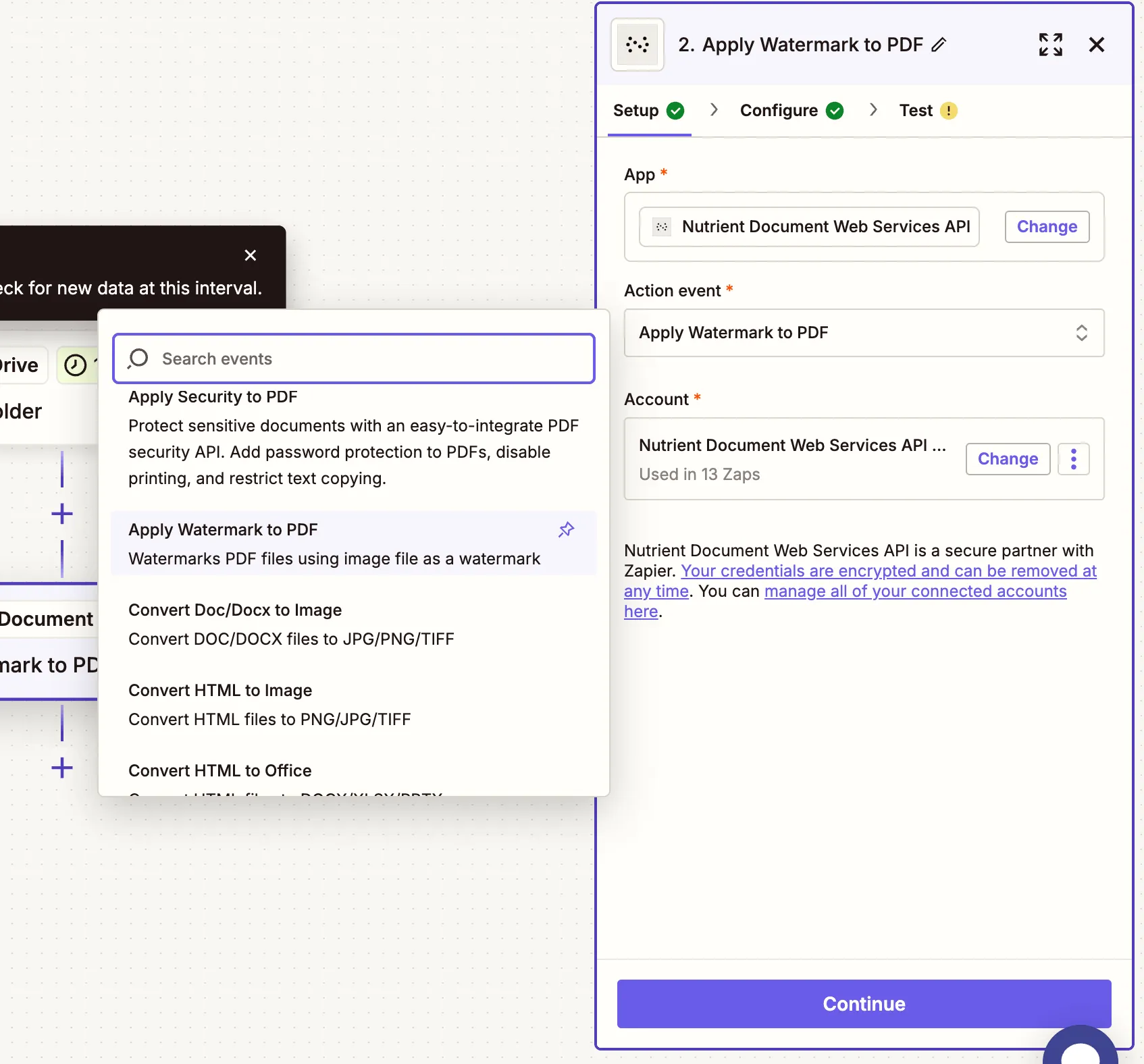 Choose the 'Apply Watermark to PDF' action from the list