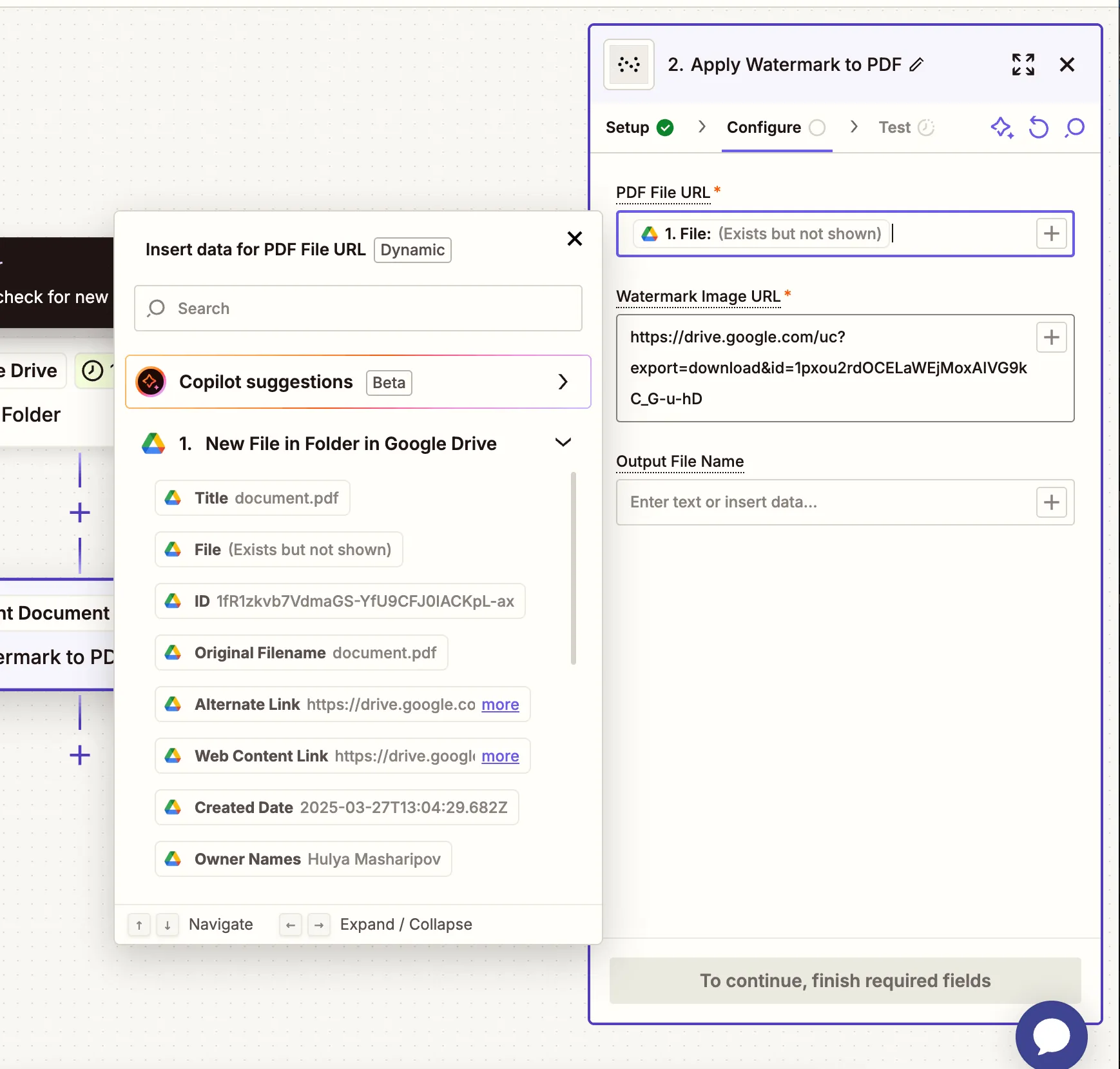 Configure the action: map the PDF file URL, watermark image URL, and output file name