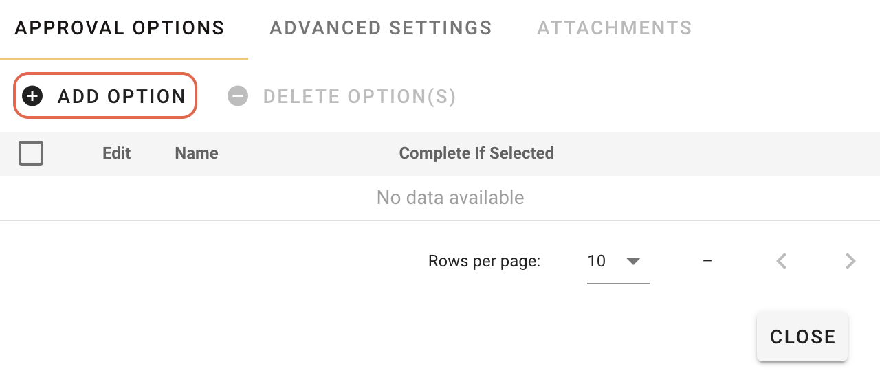 Approval options configuration page with Add Option button highlighted