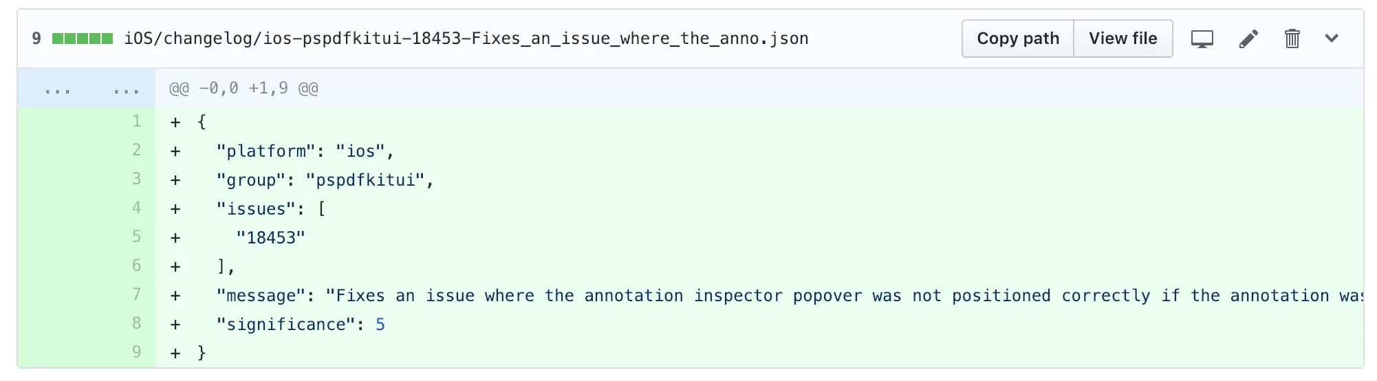 Changelog code snippet