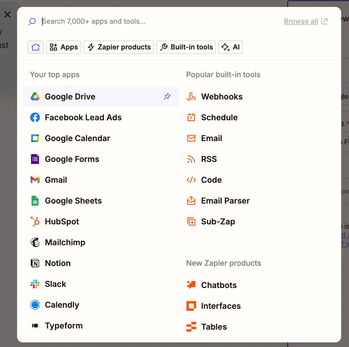 Zapier trigger app showing Google Drive selected