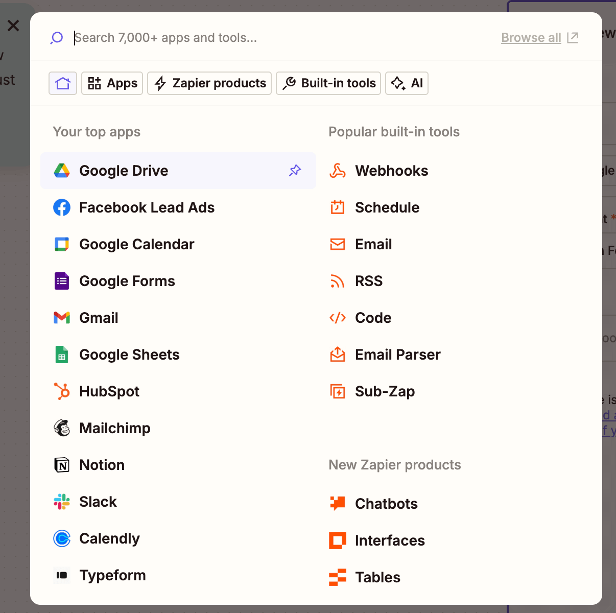 Google Drive selected in Zapier trigger step