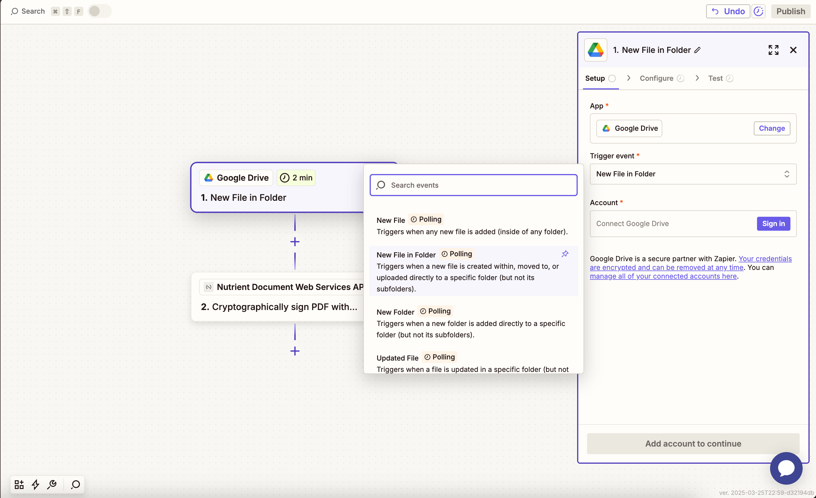 Select 'New File in Folder' as the trigger event