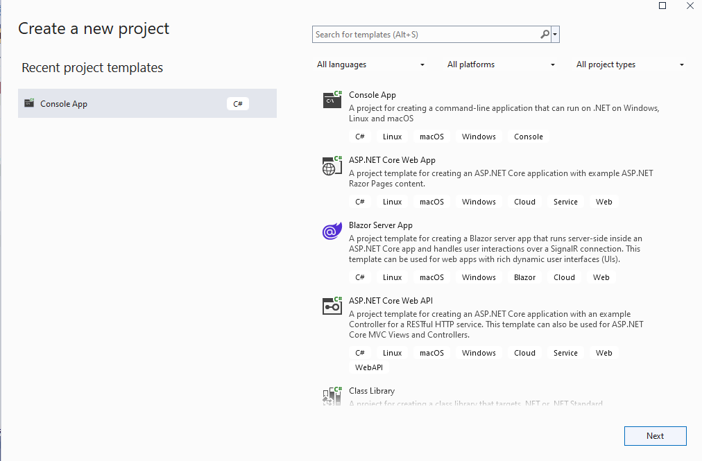 Image showing a menu in Visual Studio that lets user choose a template