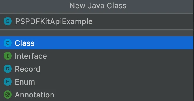 Creating a Java class screenshot