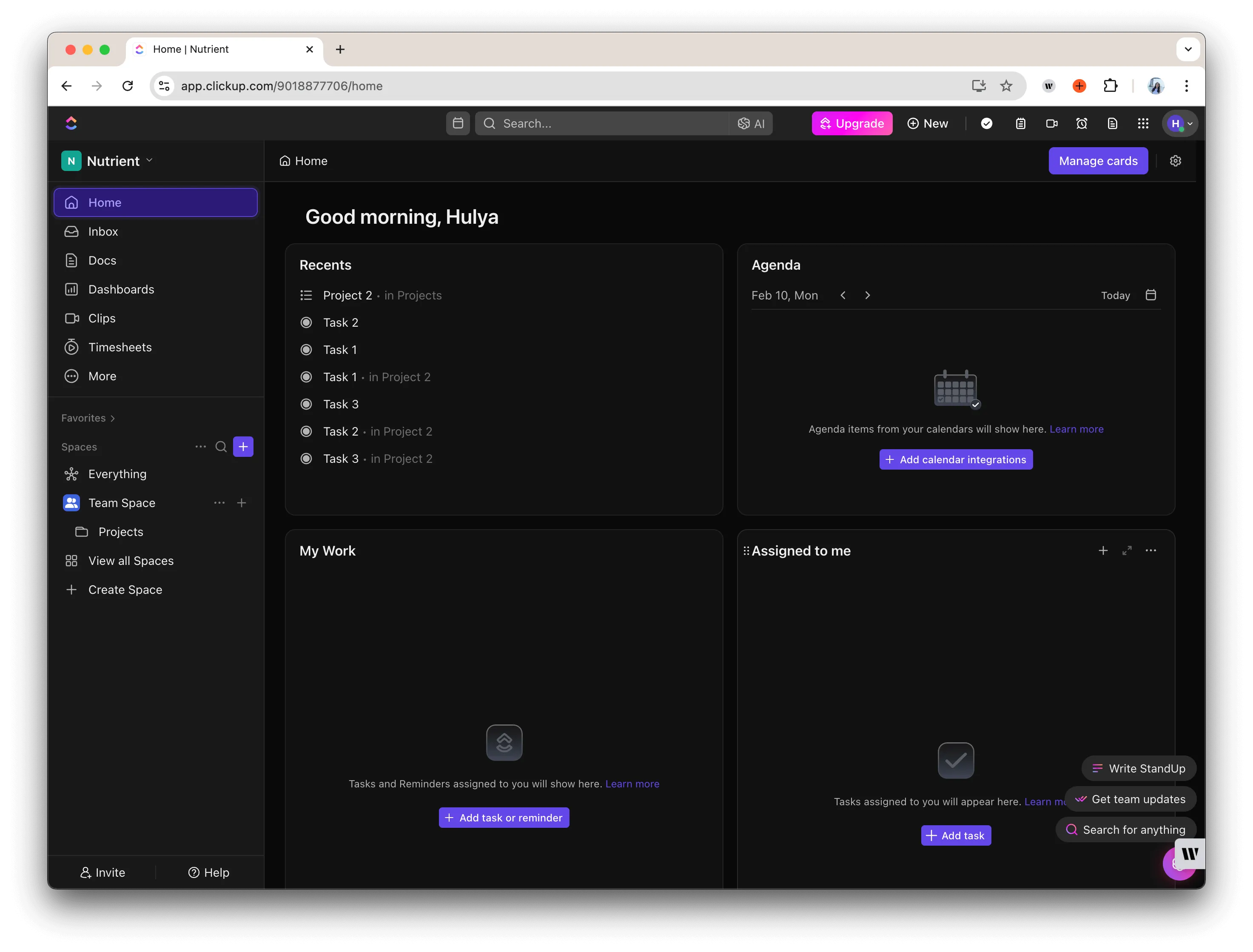 Screenshot of the ClickUp interface displaying its main dashboard and features.