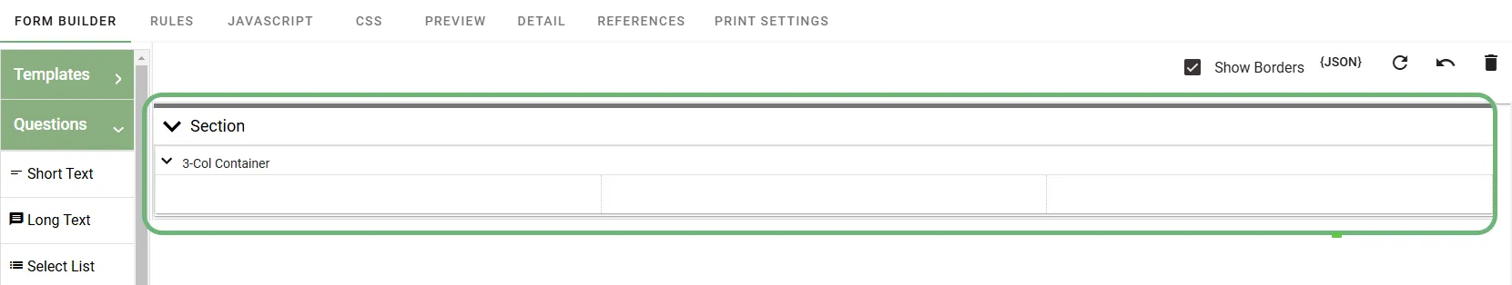 form columns added in the container