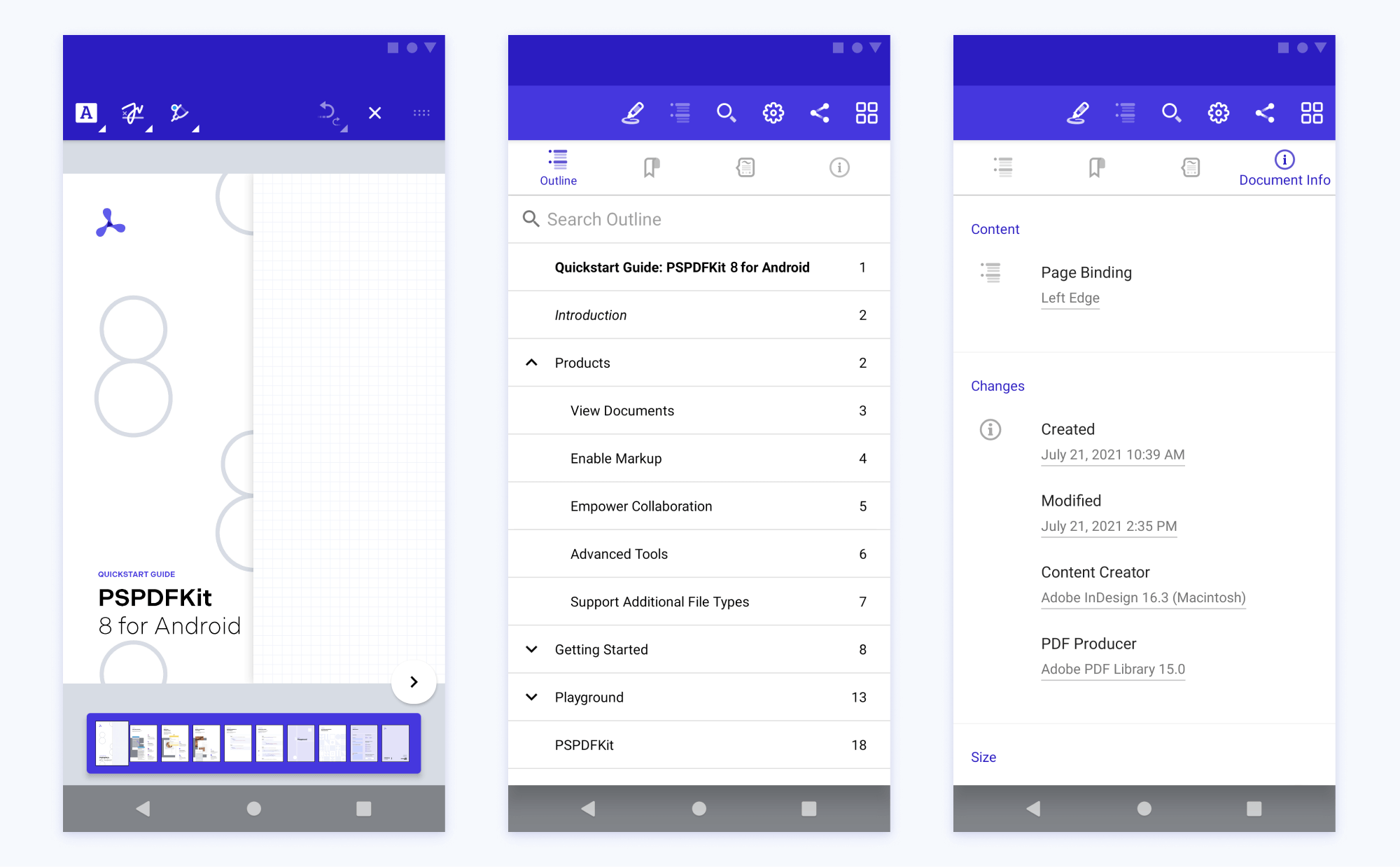three mobile screenshots in a row: the first shows the title PSPDFKit 8 for Android on a light background with circle elements; the second and third show lists of features and functions under title bars with iconography showing different choices