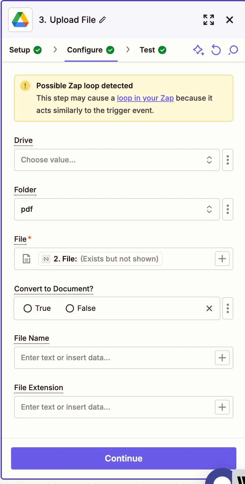 Configure the Drive folder and file name for the upload destination