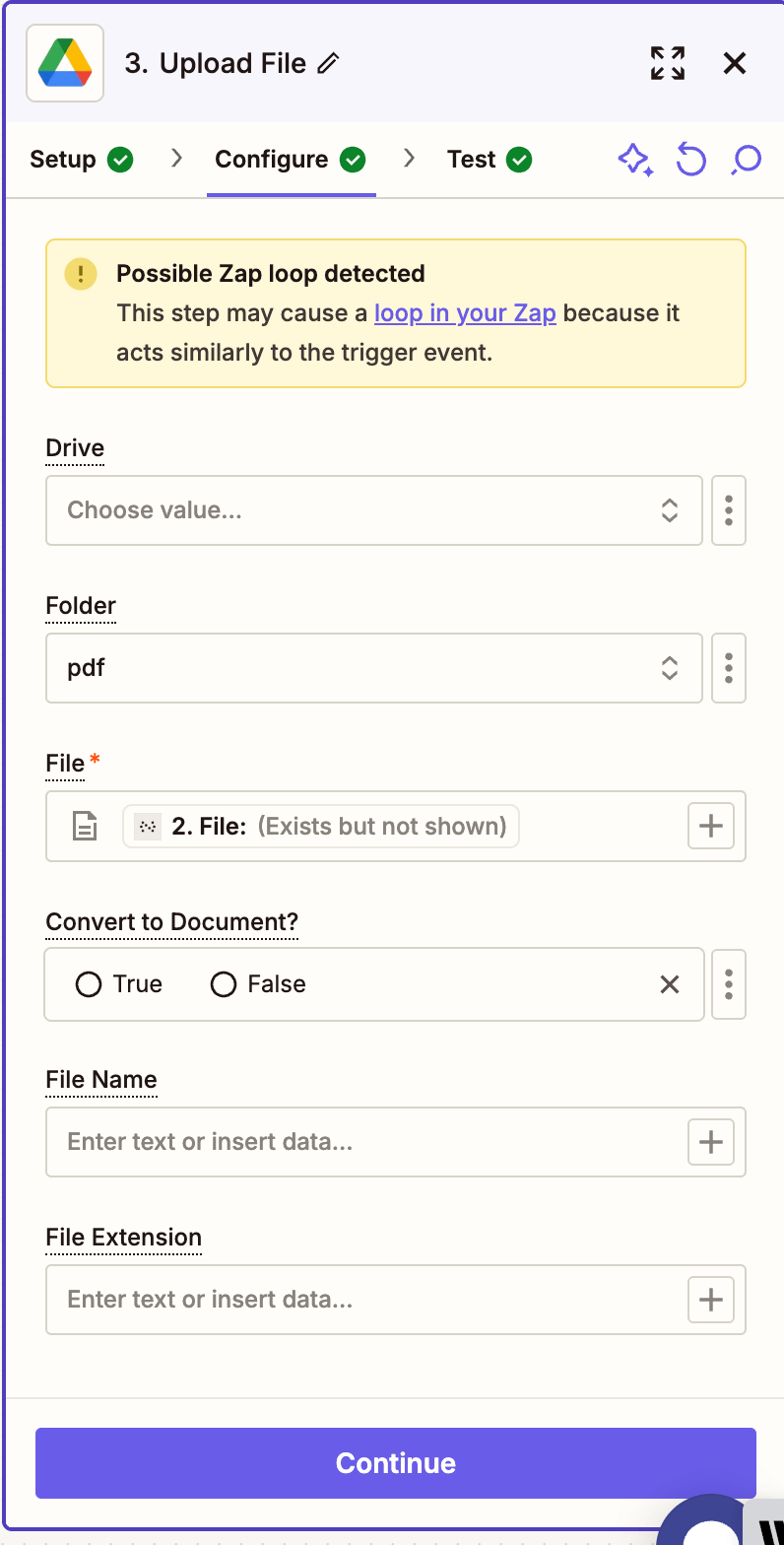 Configure the Drive folder and file name for the upload destination