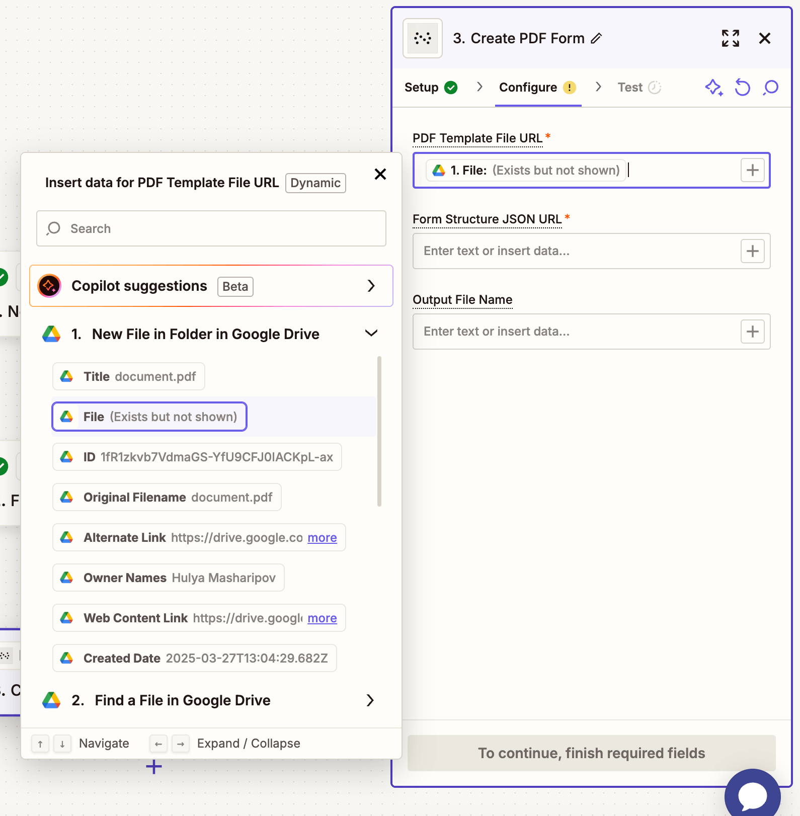 Form creation step configured with PDF and JSON file URLs