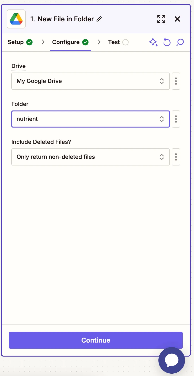Drive and folder fields configured for trigger