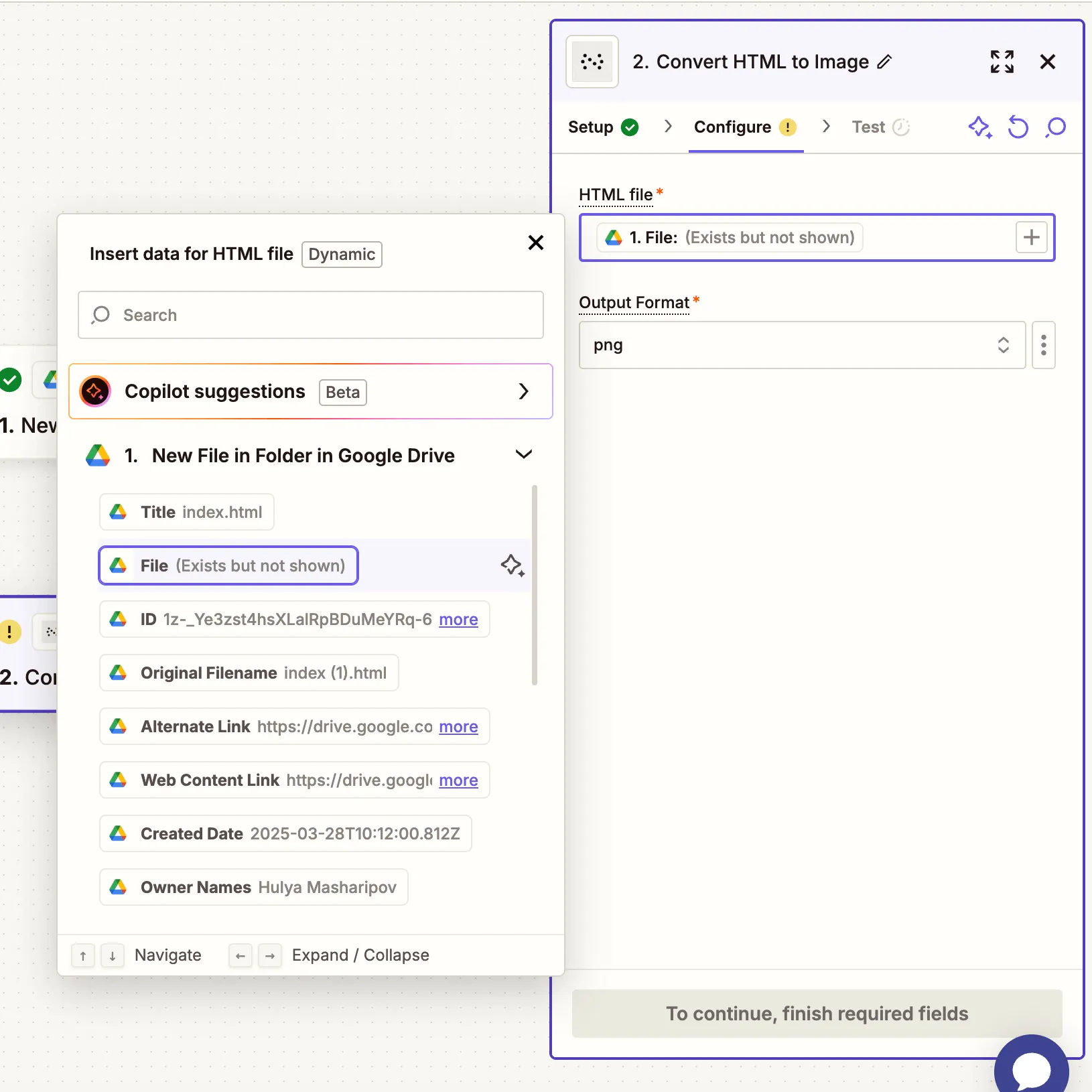 HTML to Image configuration showing input fields