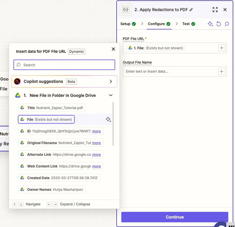Map the PDF file URL and output file name for the redaction step