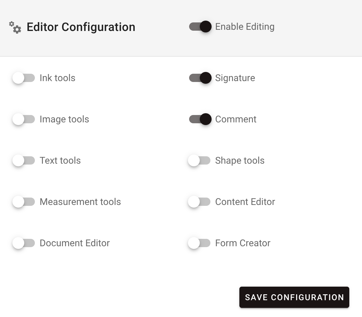 Configure tooling dialog showing editing tools toggles including Ink, Image, Text, and other tools