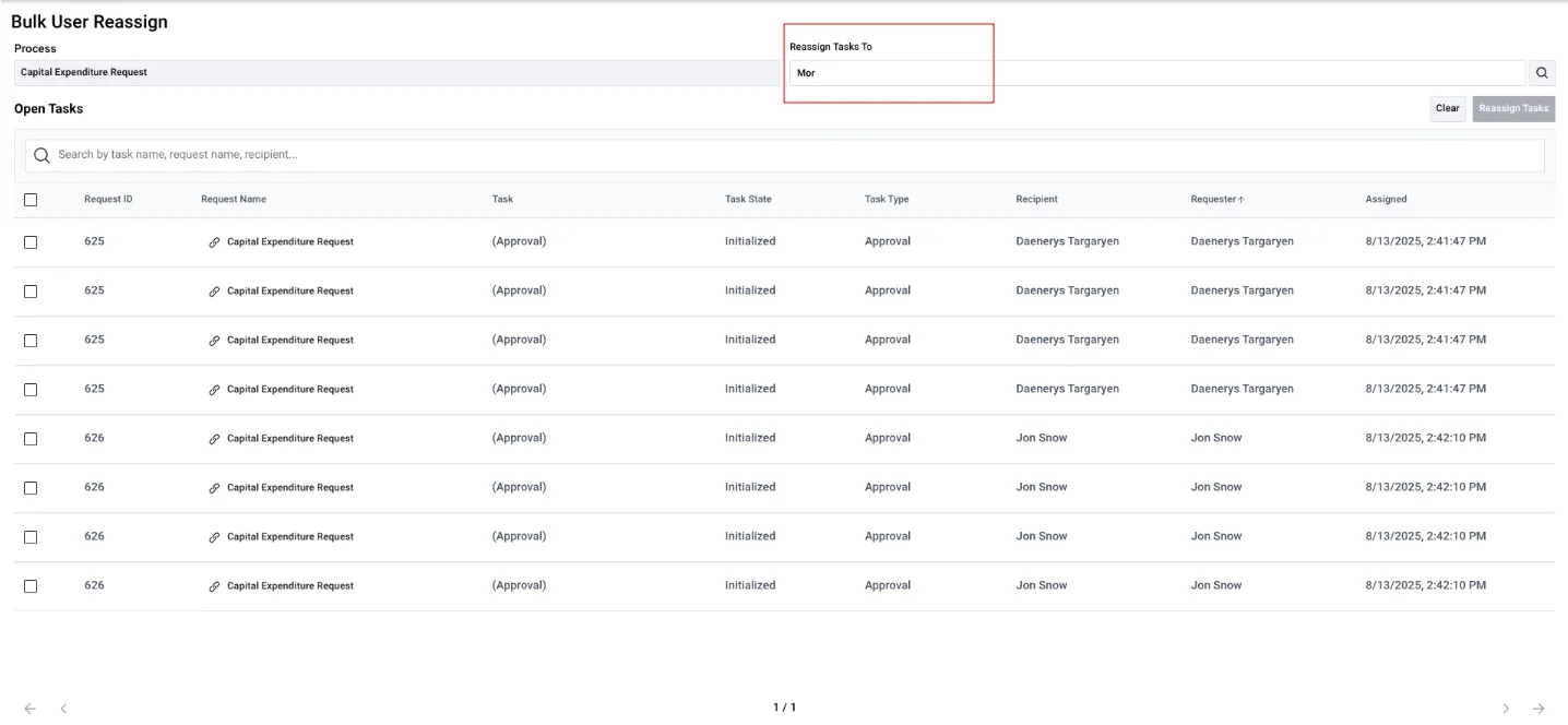 Contact search field with search terms entered to find users eligible for task reassignment