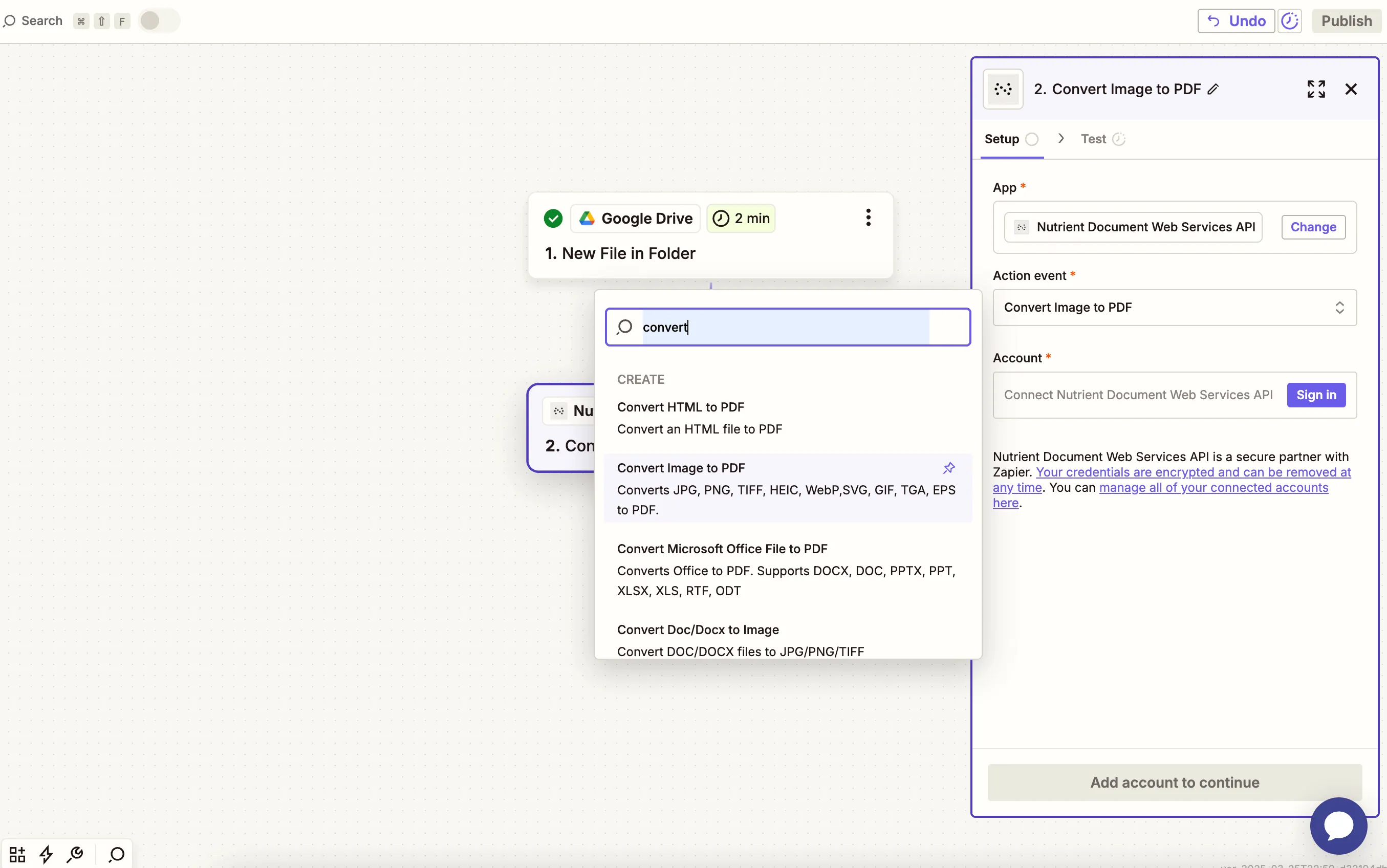 Choose the Convert Image to PDF action