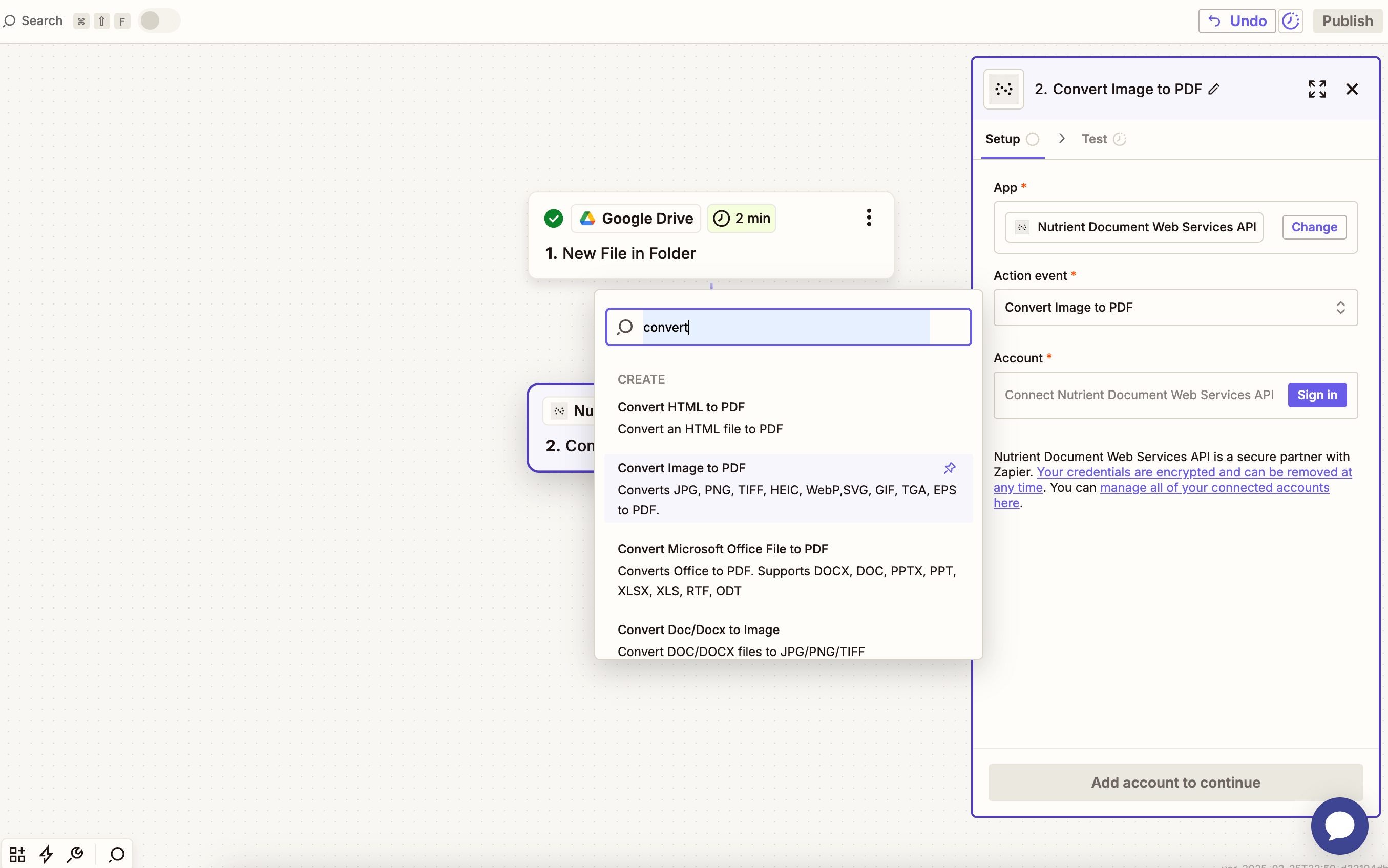 Choose the Convert Image to PDF action