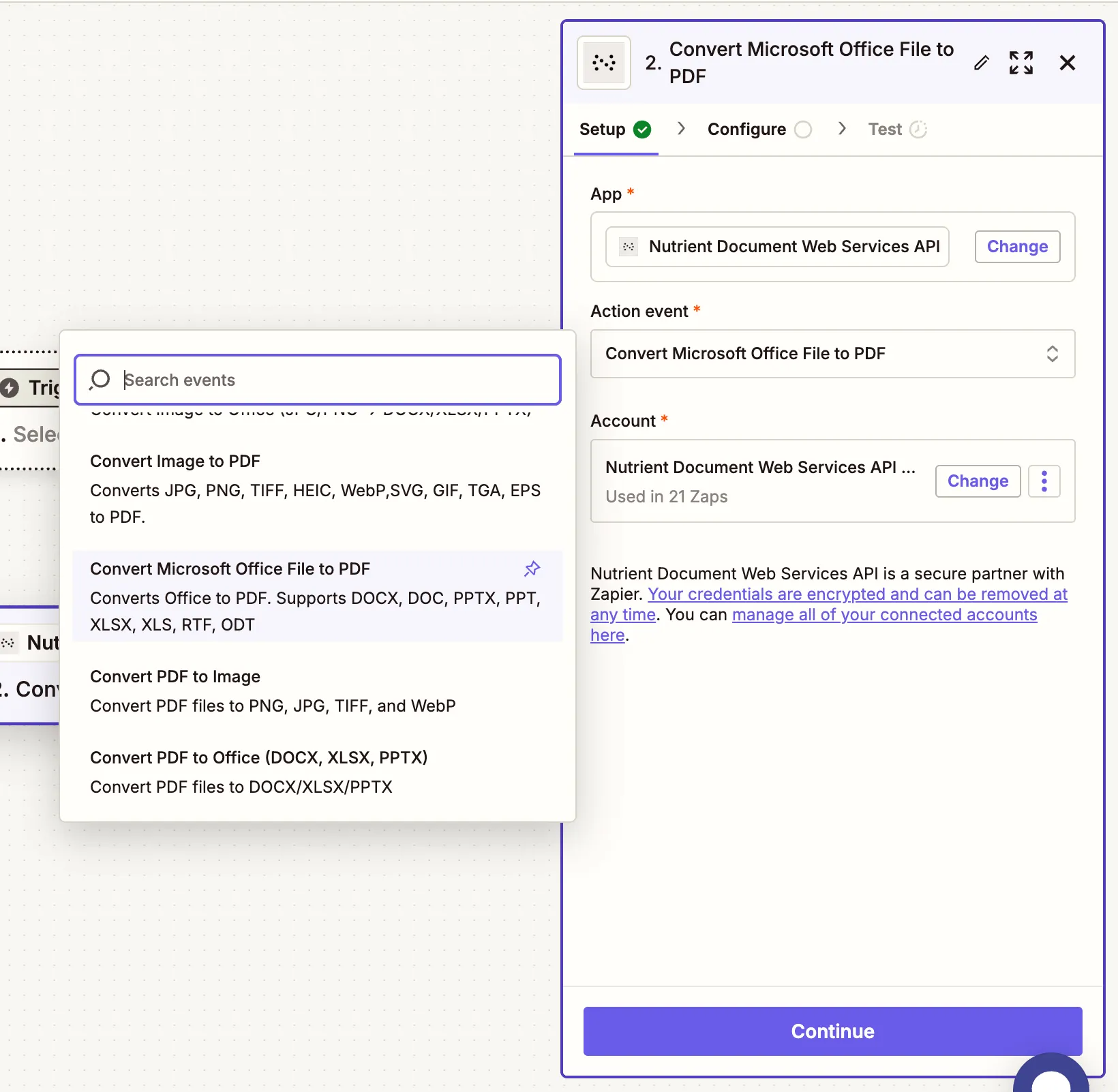 Choose 'Convert Microsoft Office File to PDF' as the action event