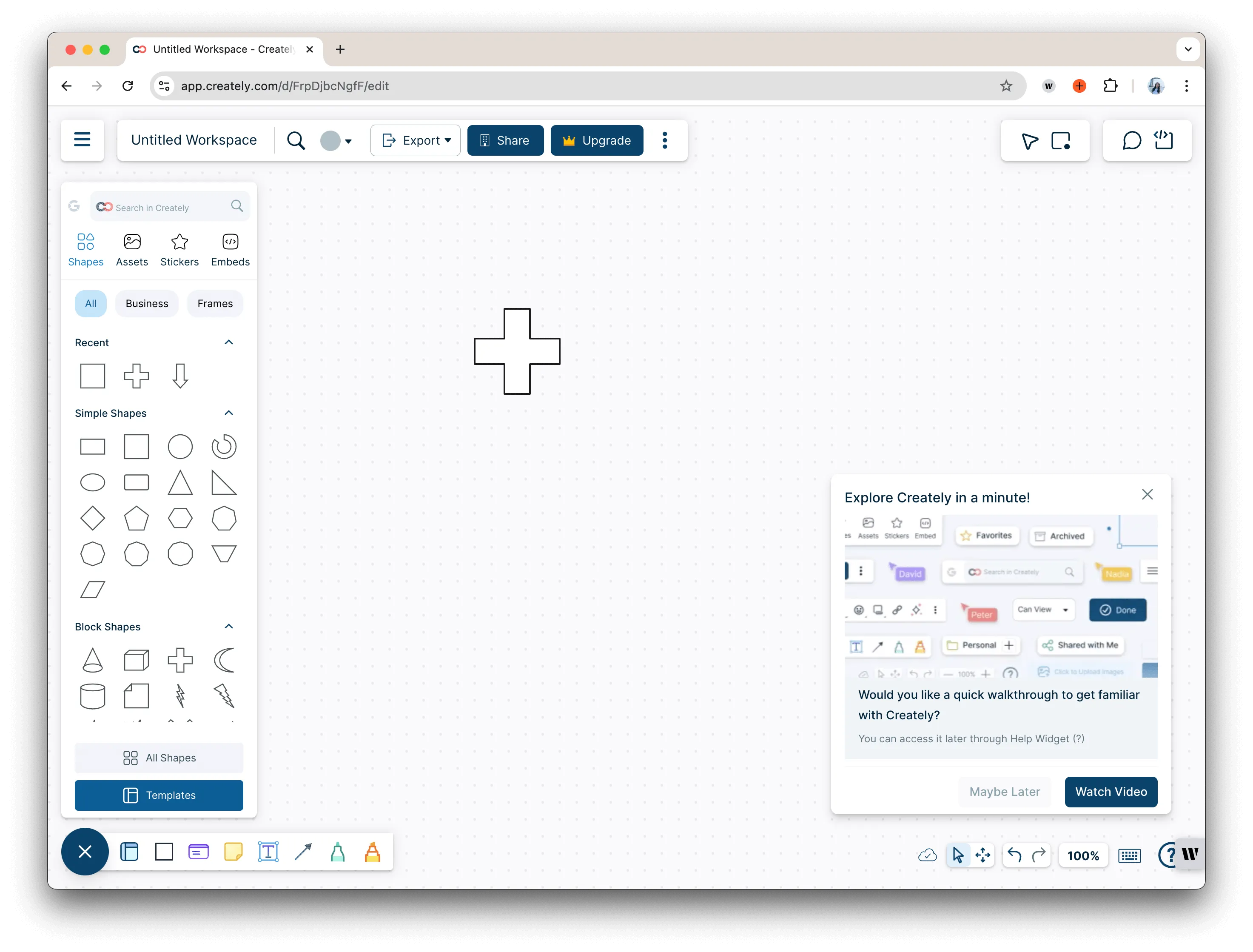 Screenshot of the Creately interface displaying its main dashboard and features.