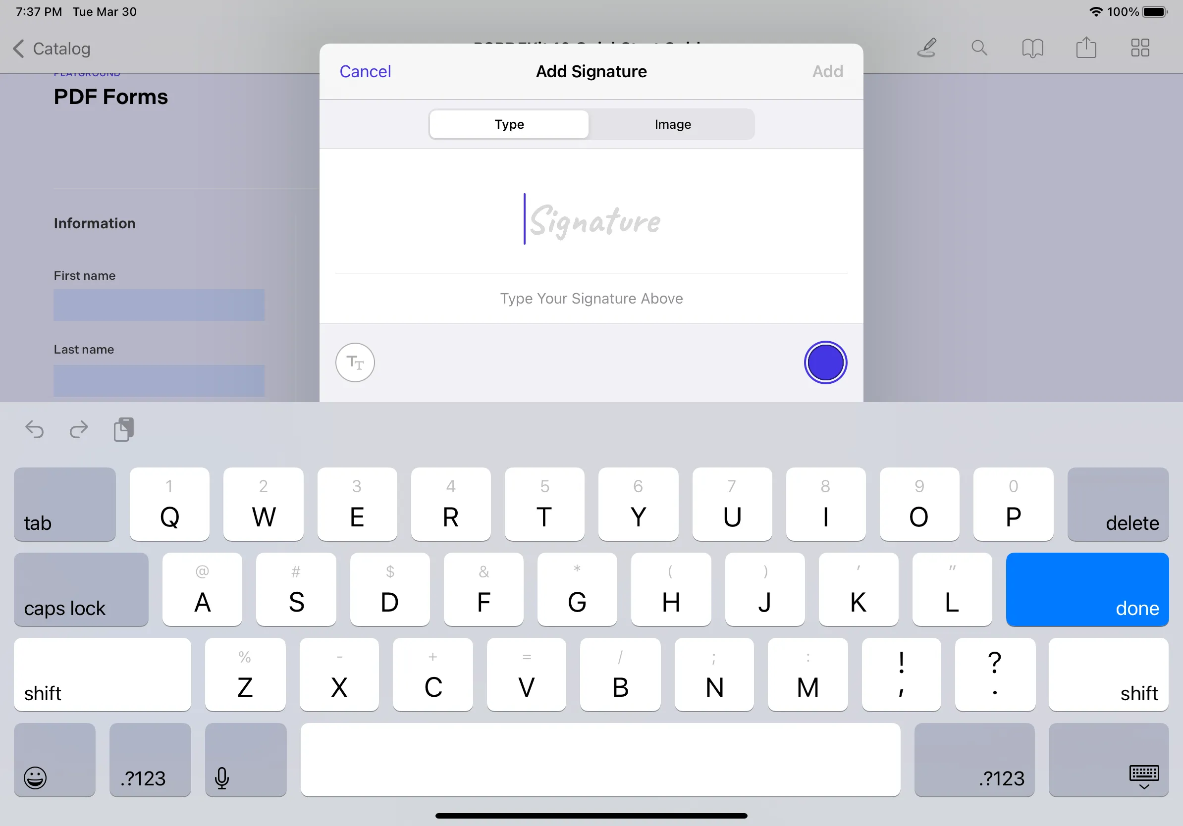Screenshot showing the signature creation modal view with the Type tab followed by the Image tab.
