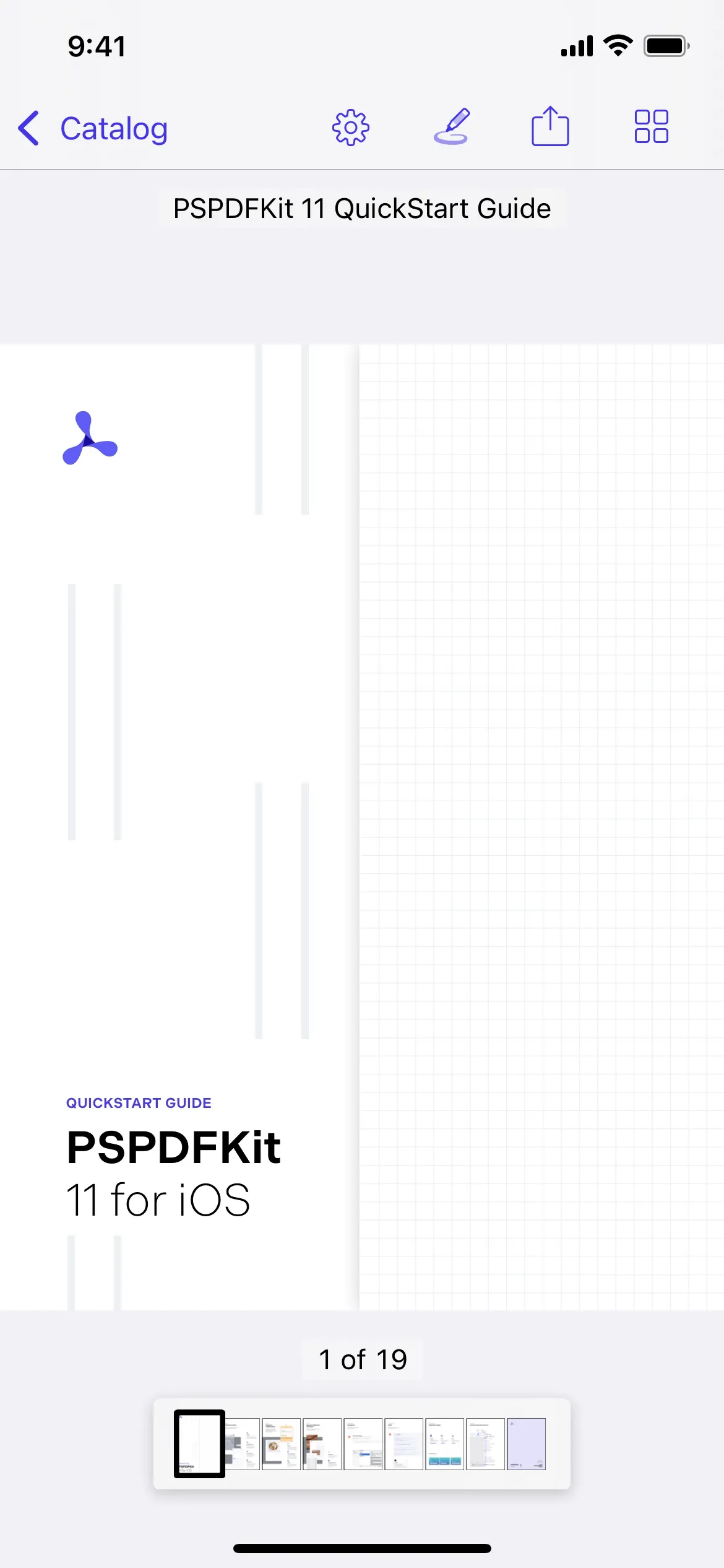 Screenshot of default state showing the first page of the PSPDFKit 11 Quickstart Guide document.