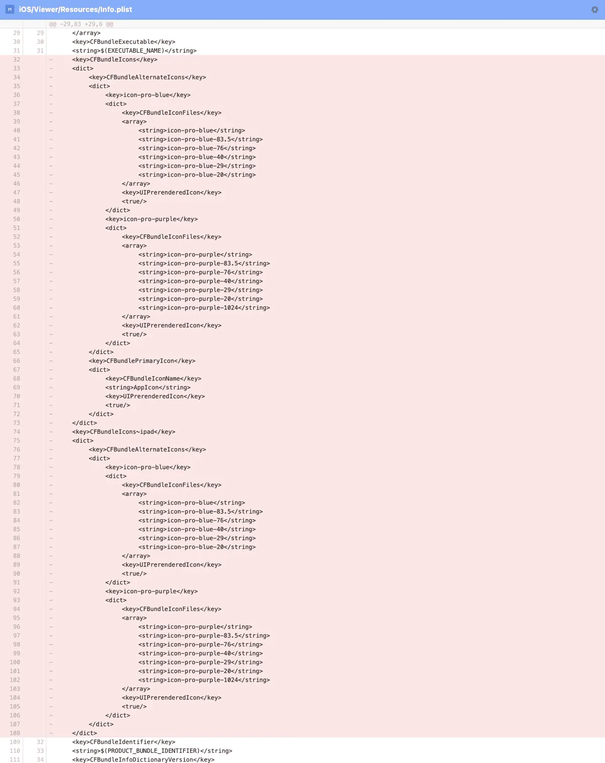 Screenshot of deleted lines in Info.plist
