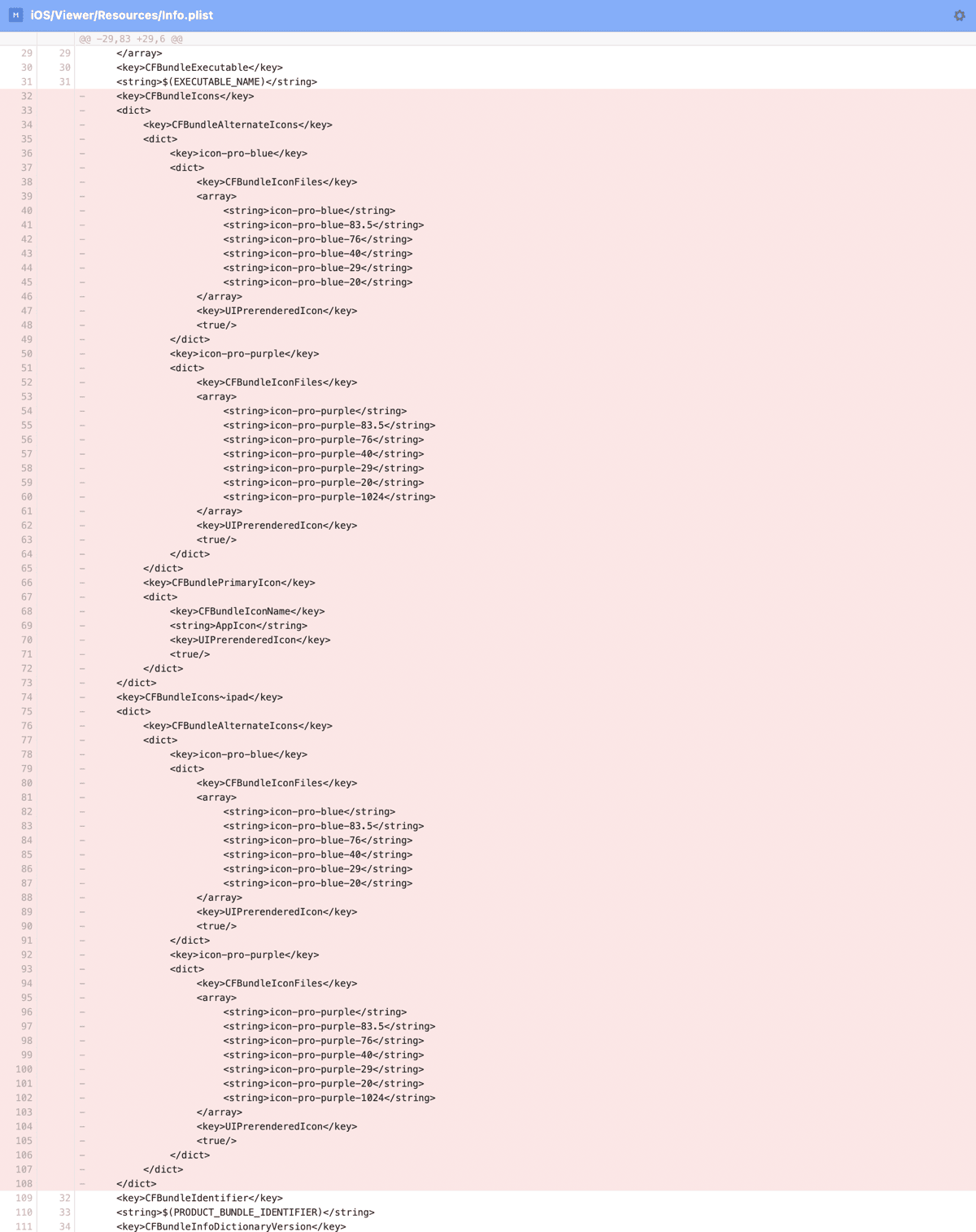 Screenshot of deleted lines in Info.plist