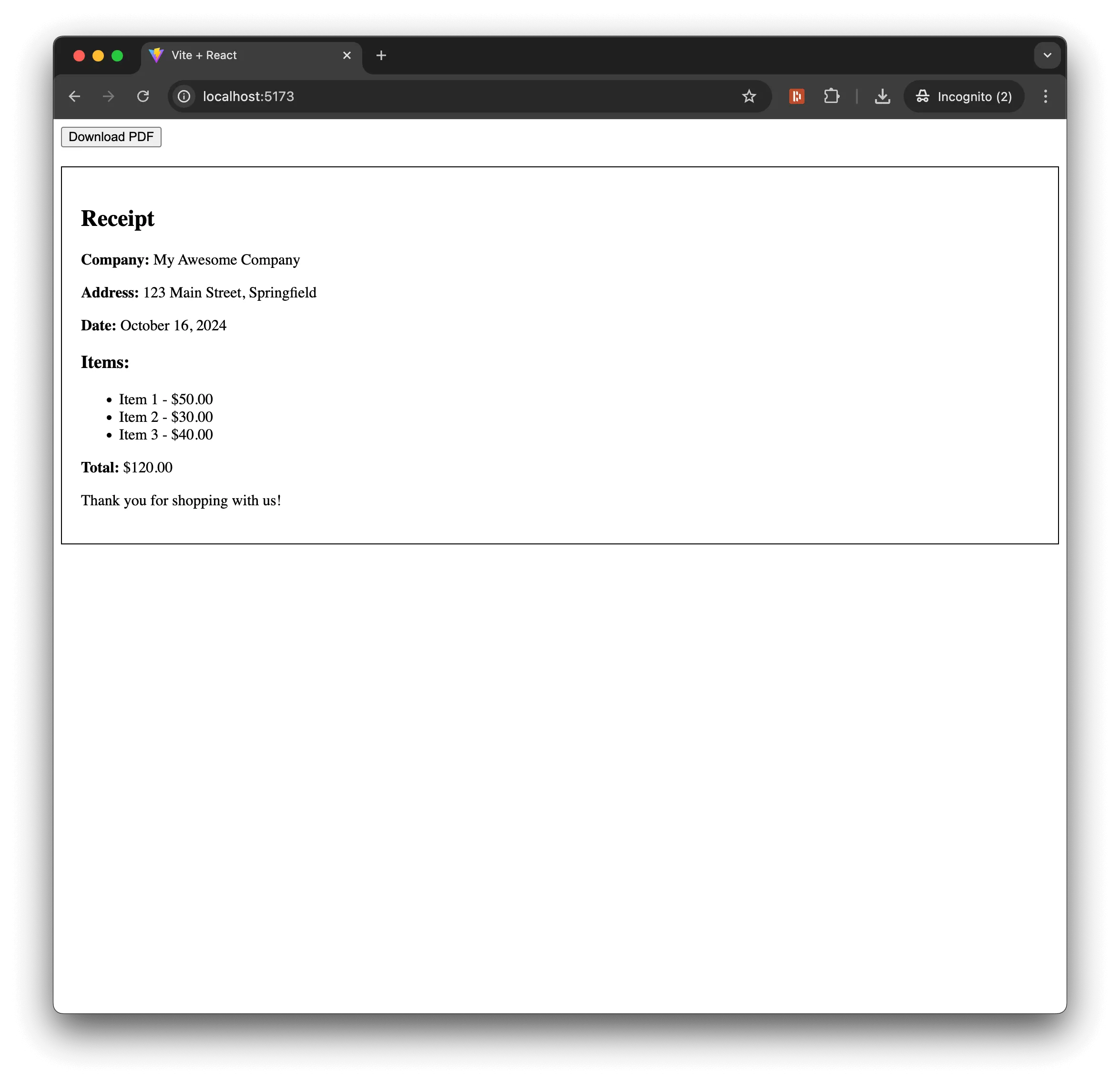 React PDF demo showing the receipt component
