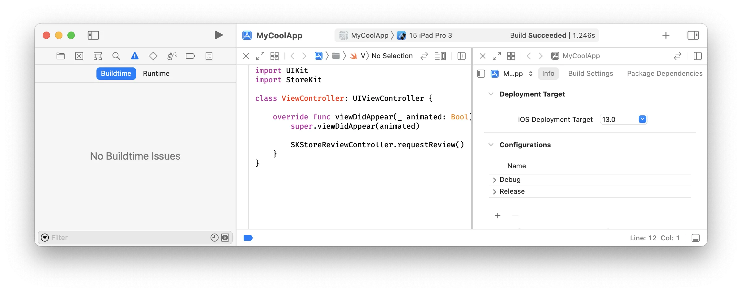 Screenshot of Xcode project with the deployment target set to iOS 13.0 and using SKStoreReviewController.requestReview(). The issues navigator shows No Buildtime Issues.