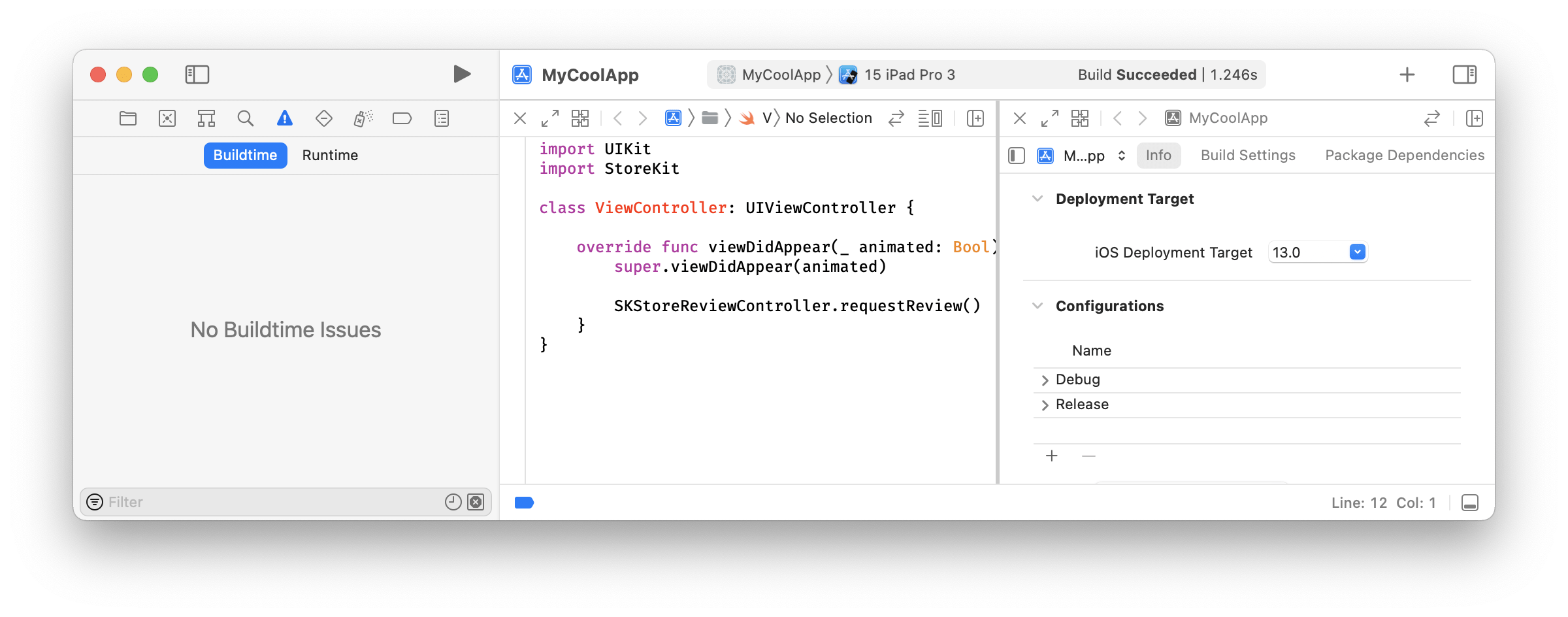 Screenshot of Xcode project with the deployment target set to iOS 13.0 and using SKStoreReviewController.requestReview(). The issues navigator shows No Buildtime Issues.