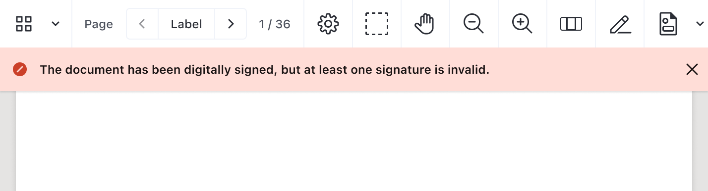 Digital signature validation status bar showing invalid signature