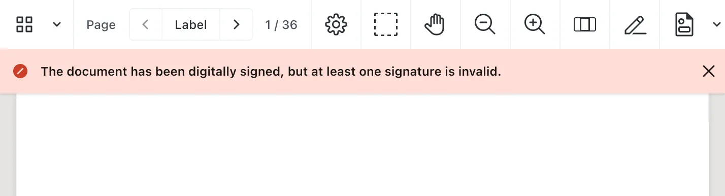 Digital signature validation status bar showing invalid signature