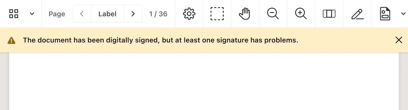 Digital signature validation status bar showing signature with problems
