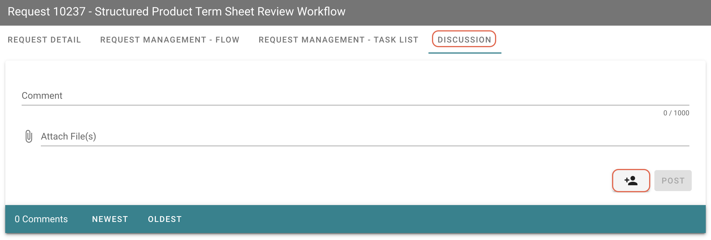 Discussion tab interface showing comment input field and previous discussion posts