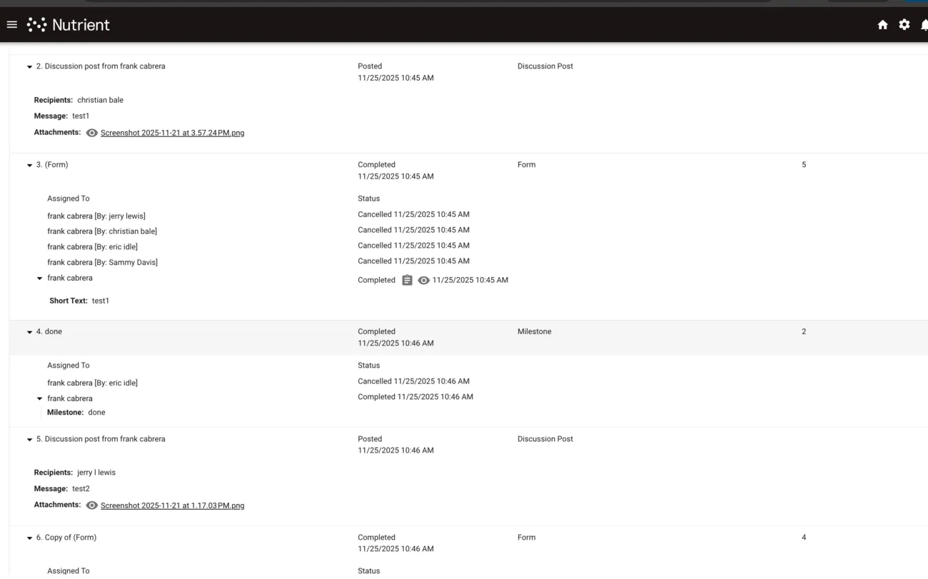 Task history showing discussion posts interspersed with task completions