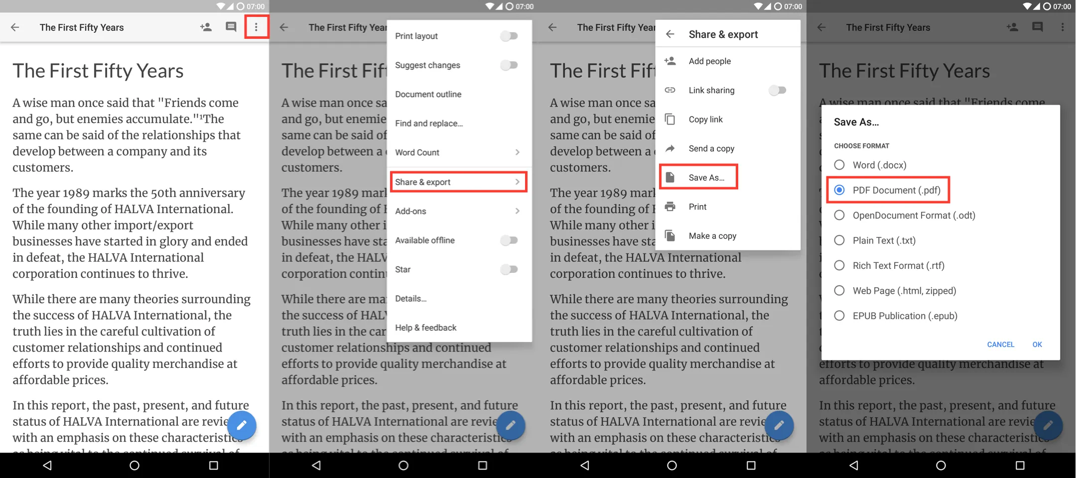 Screenshots of PDF export flow in Google Docs