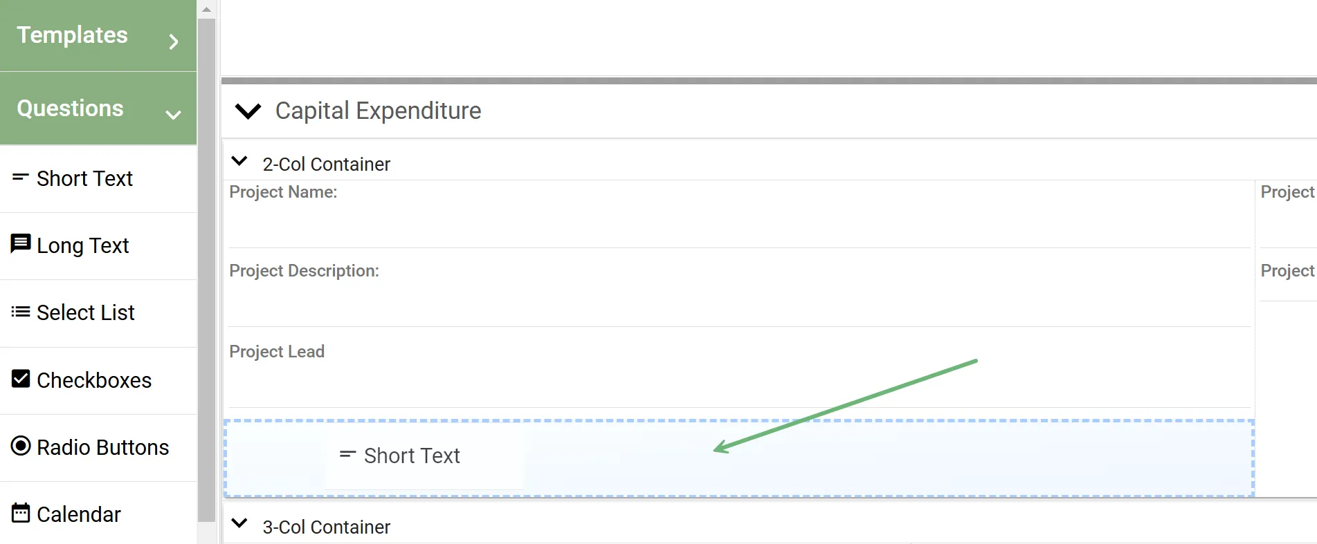 dragging in a form question to the form builder