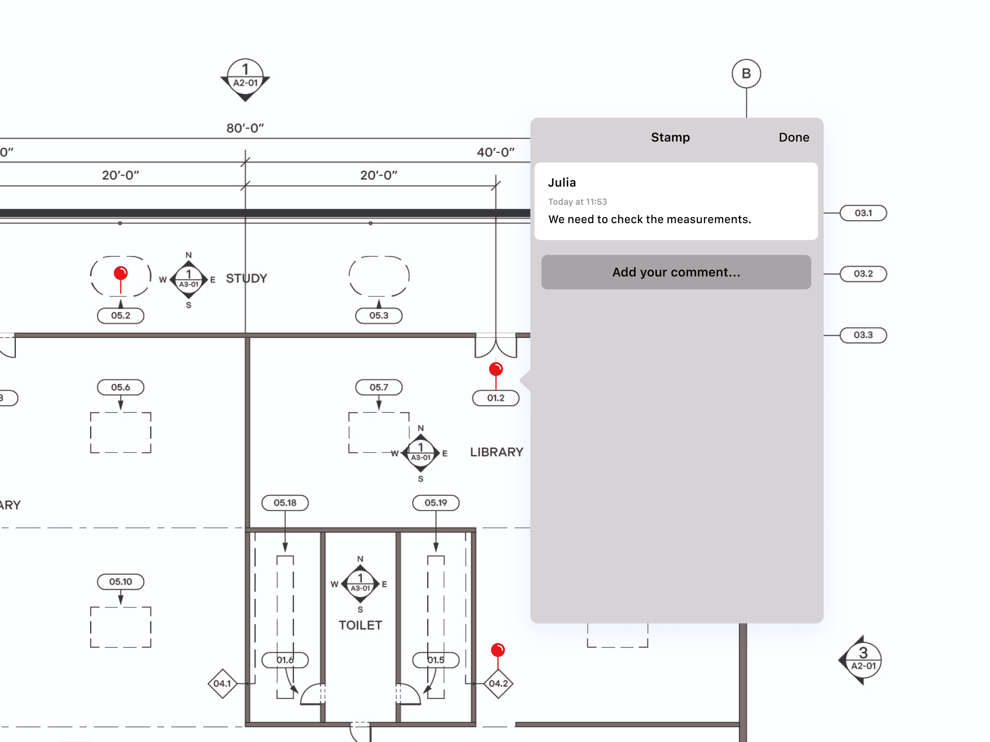 Floorplan showing an open drop pin stamp annotation
