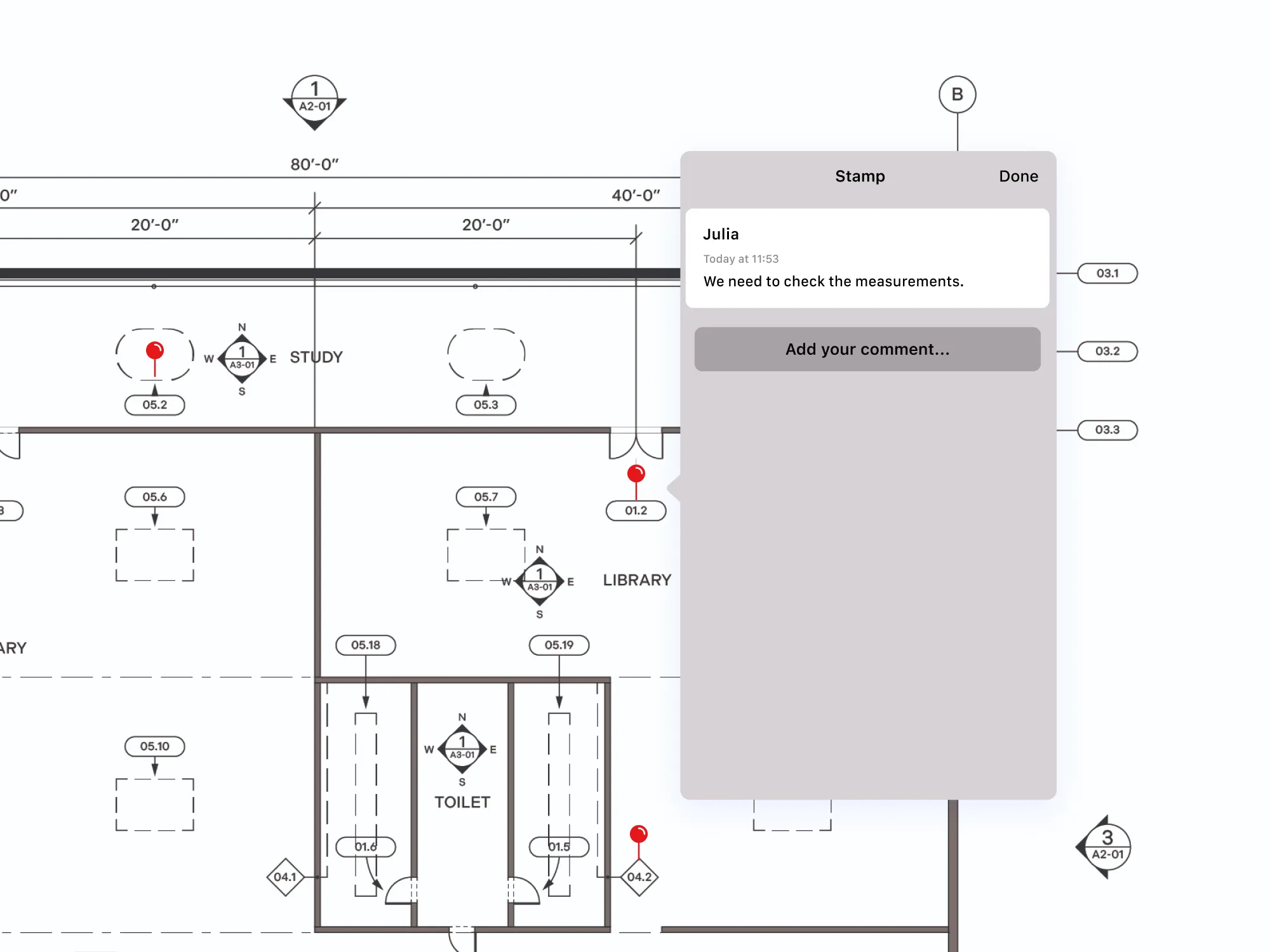 Floorplan showing an open drop pin stamp annotation